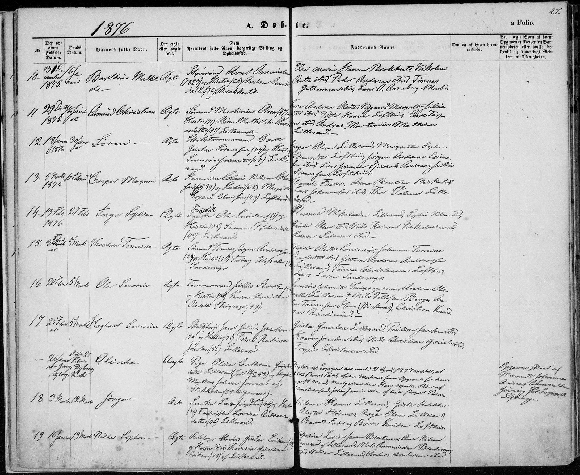 Vestre Moland sokneprestkontor, AV/SAK-1111-0046/F/Fa/Fab/L0008: Parish register (official) no. A 8, 1873-1883, p. 27