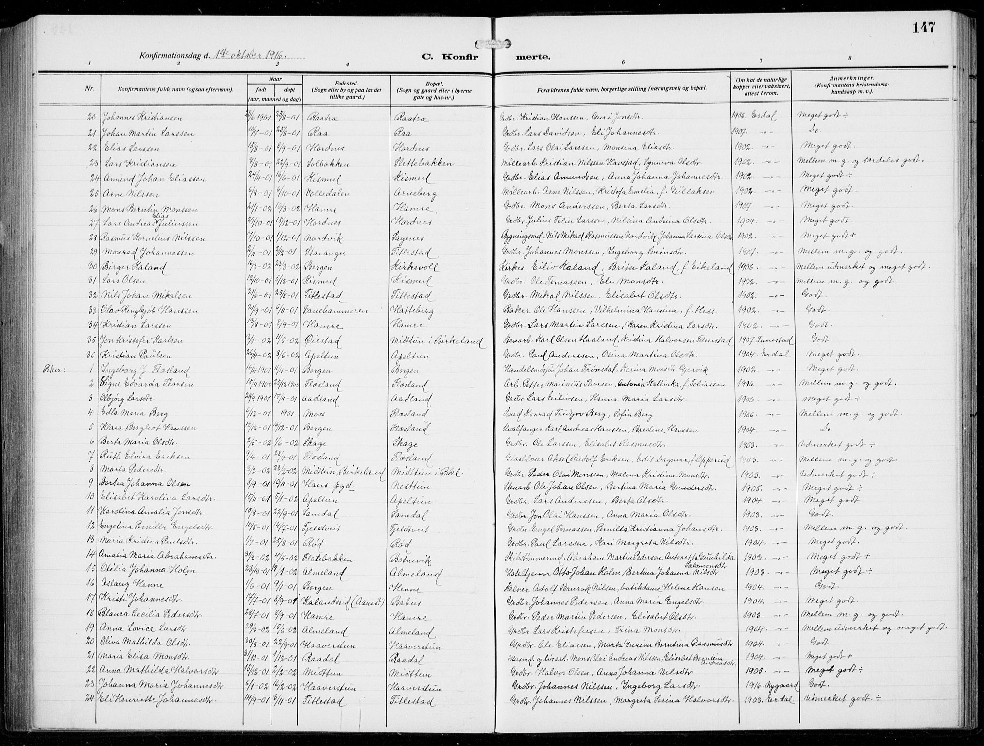 Fana Sokneprestembete, AV/SAB-A-75101/H/Hab/Haba/L0005: Parish register (copy) no. A 5, 1911-1932, p. 147