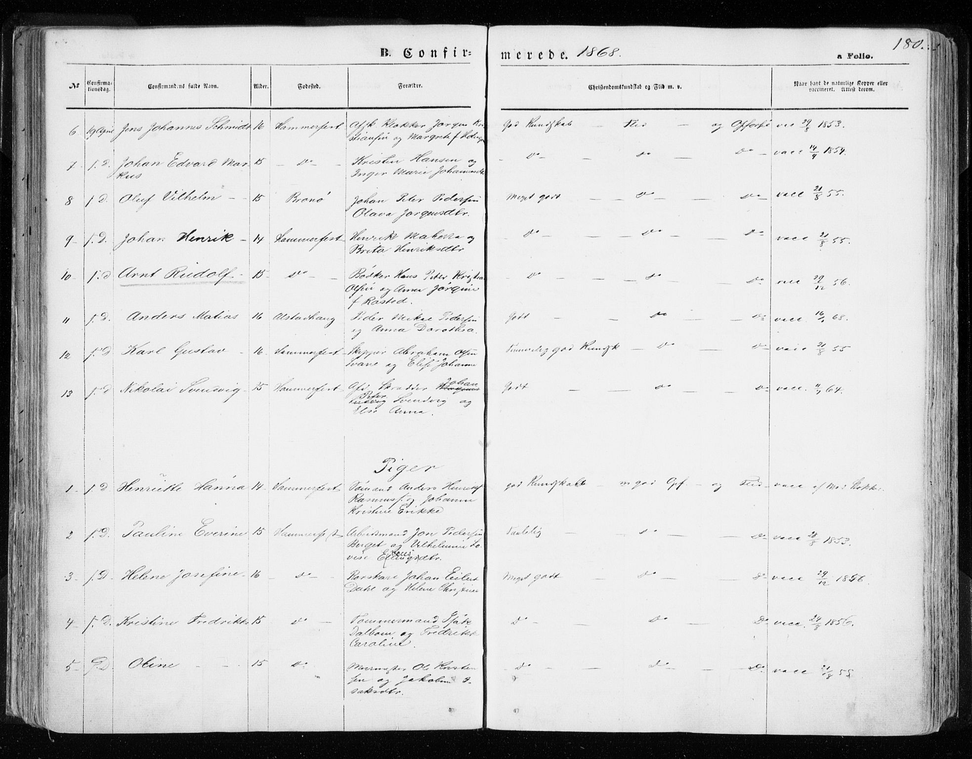 Hammerfest sokneprestkontor, AV/SATØ-S-1347/H/Ha/L0005.kirke: Parish register (official) no. 5, 1857-1869, p. 180