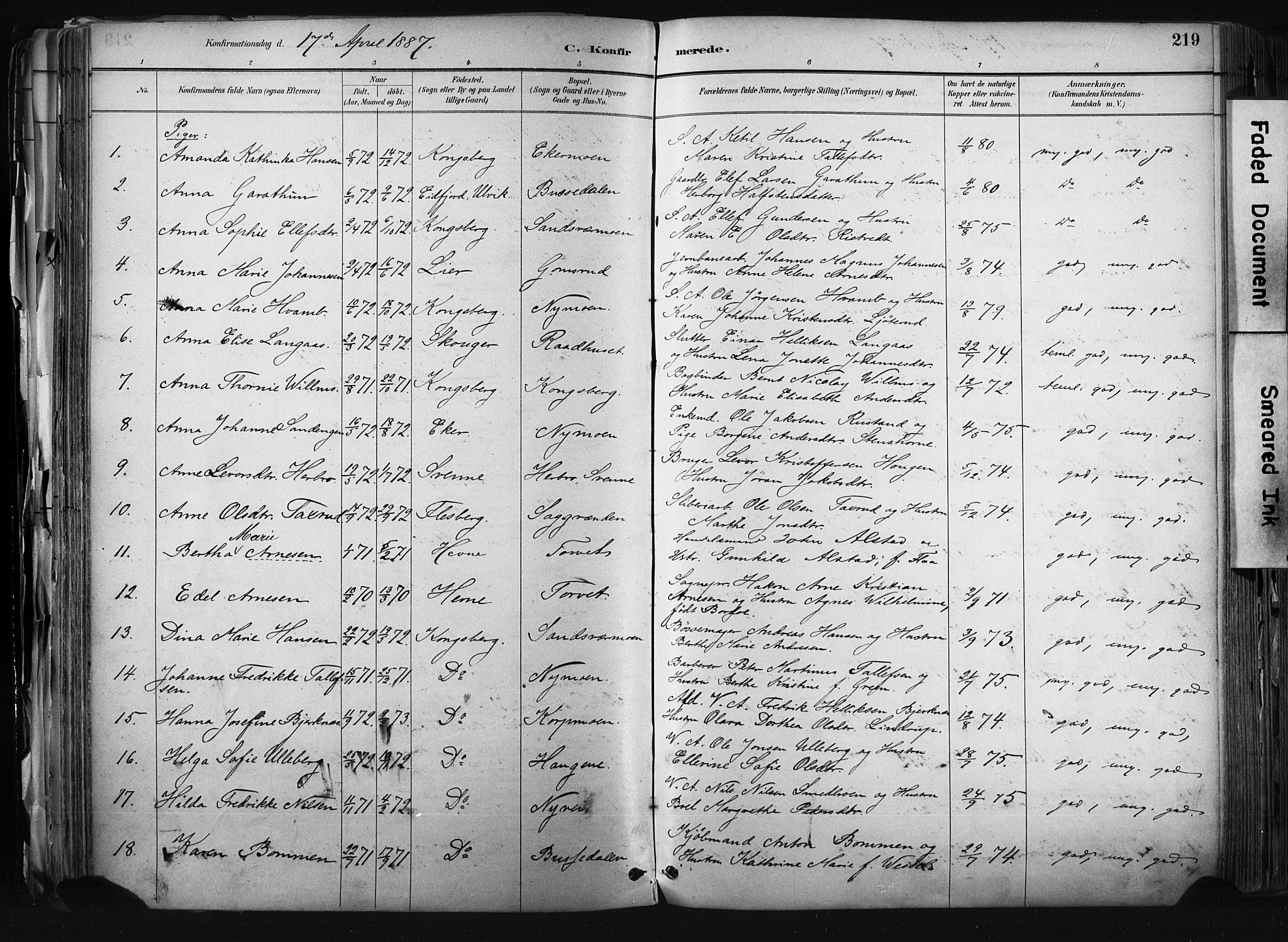 Kongsberg kirkebøker, SAKO/A-22/F/Fb/L0002: Parish register (official) no. II 2, 1886-1896, p. 219