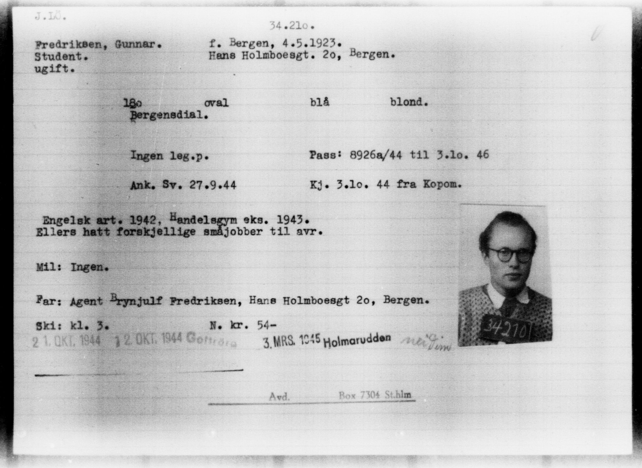 Utenriksstasjonene, Legasjonen i Stockholm, Flyktningkontoret, AV/RA-S-6753/V/Va/L0013: Kjesäterkartoteket, flyktninger med registreringsnr. 31500-34731, 1940-1945, p. 2861