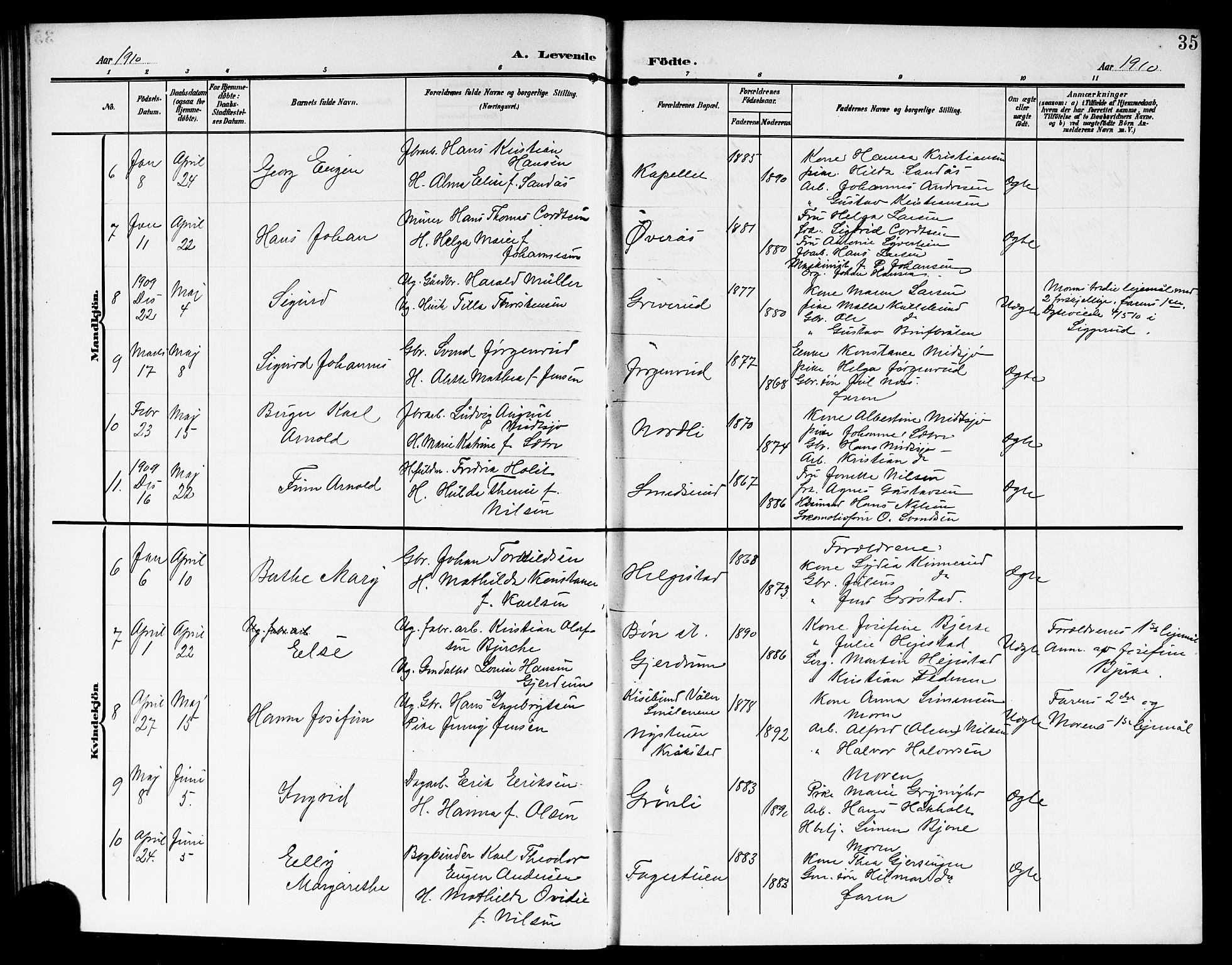 Kråkstad prestekontor Kirkebøker, SAO/A-10125a/G/Gb/L0001: Parish register (copy) no. II 1, 1905-1920, p. 35