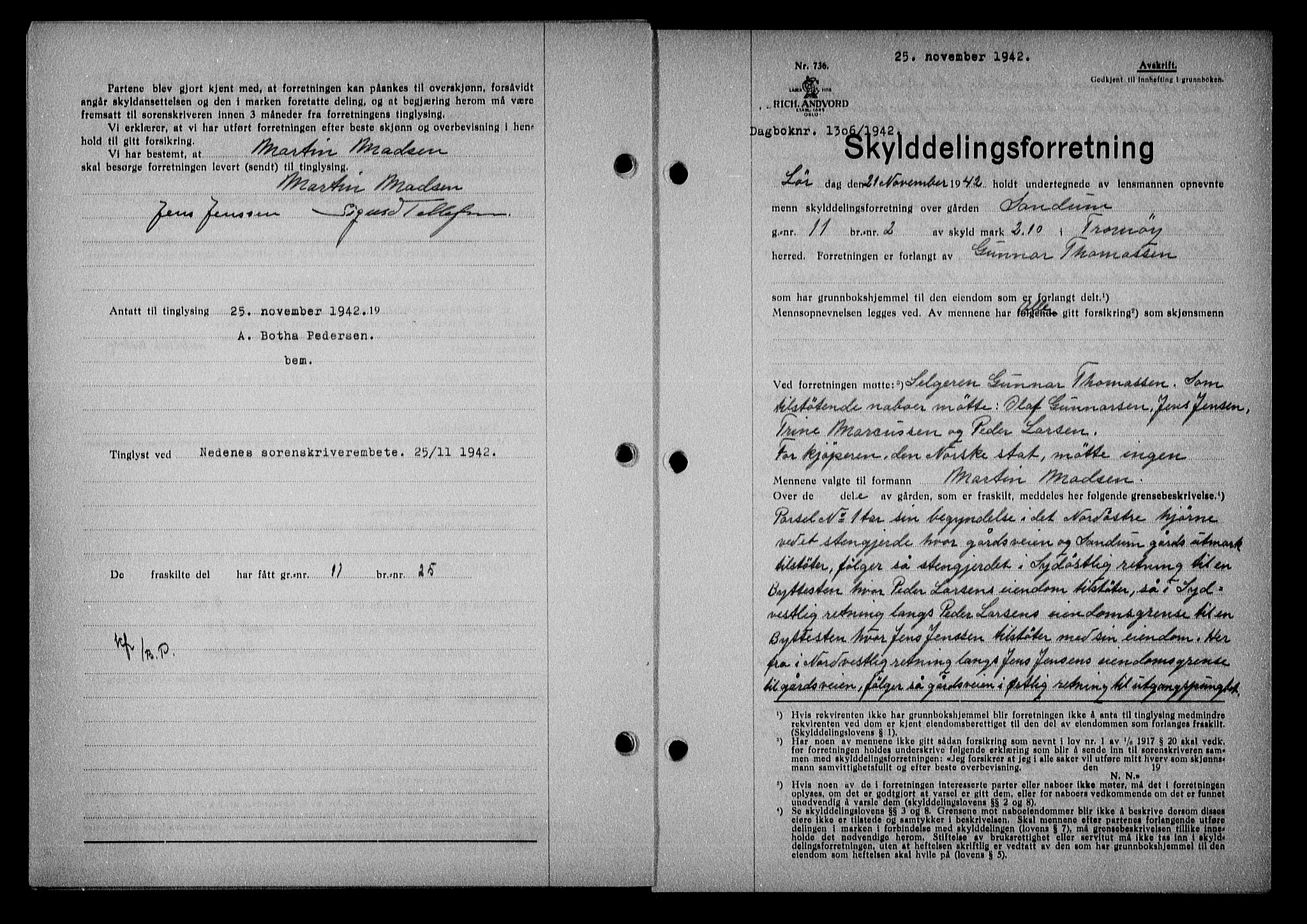 Nedenes sorenskriveri, SAK/1221-0006/G/Gb/Gba/L0050: Mortgage book no. A-IV, 1942-1943, Diary no: : 1306/1942