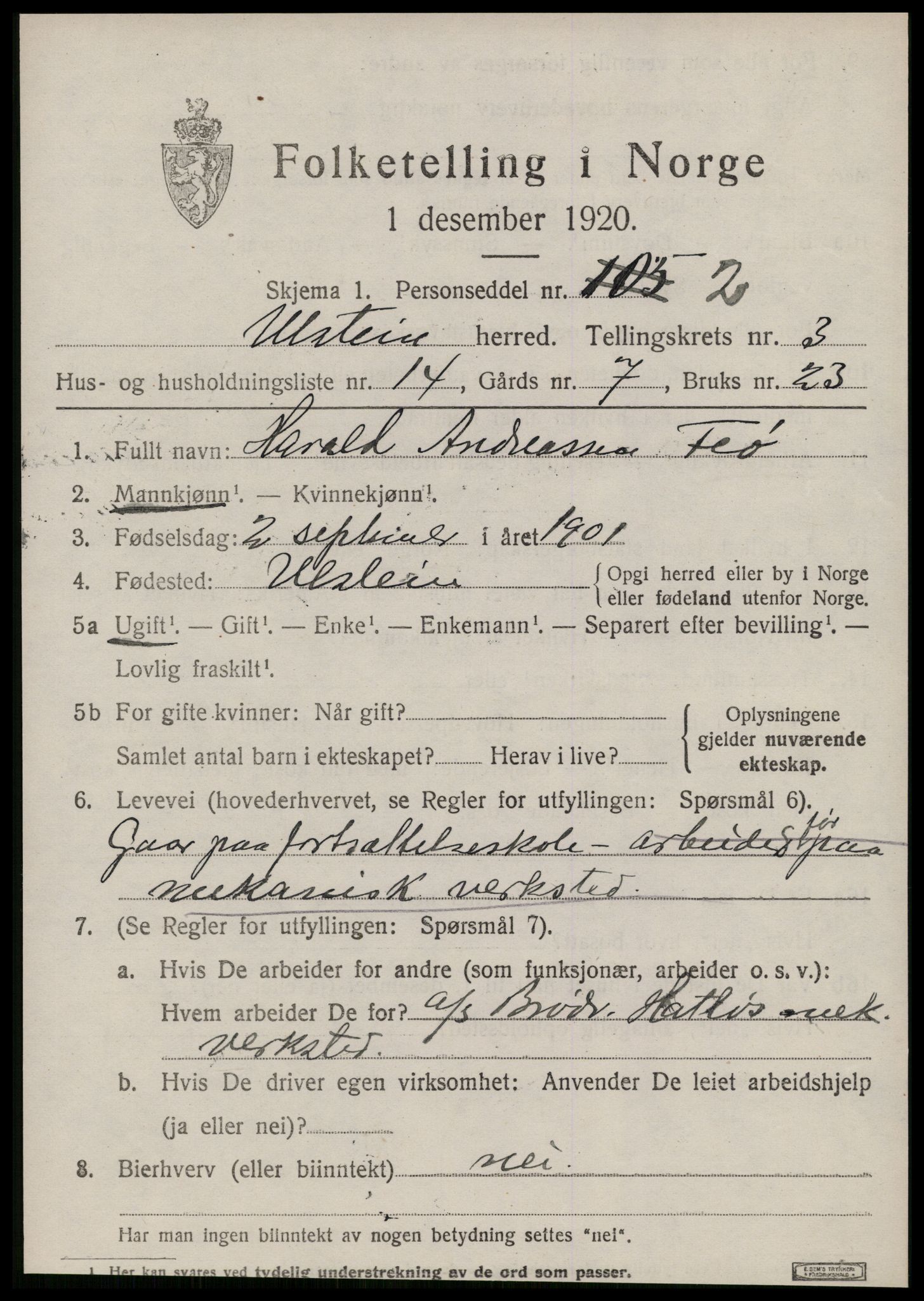 SAT, 1920 census for Ulstein, 1920, p. 1830