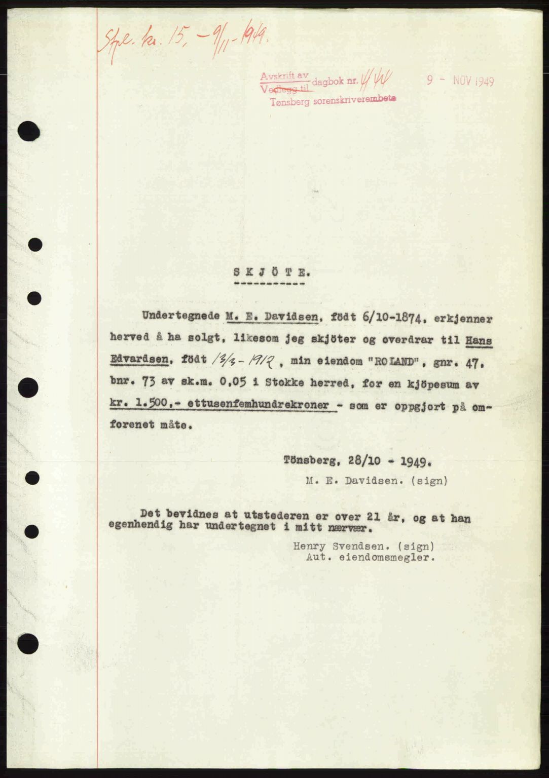 Tønsberg sorenskriveri, AV/SAKO-A-130/G/Ga/Gad/L0003: Mortgage book no. A2, 1947-1950, Diary no: : 4144/1949