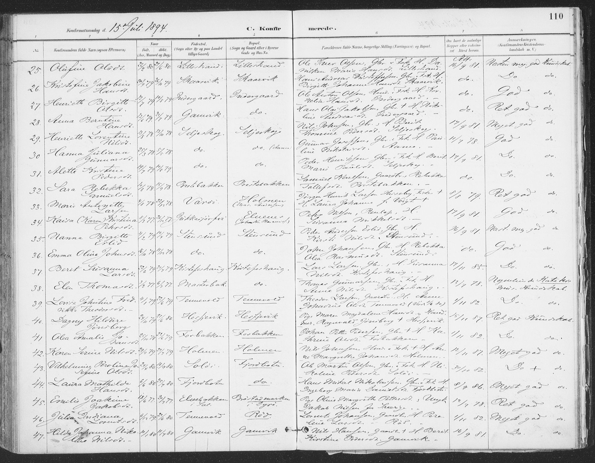 Ibestad sokneprestembete, AV/SATØ-S-0077/H/Ha/Haa/L0015kirke: Parish register (official) no. 15, 1888-1899, p. 110