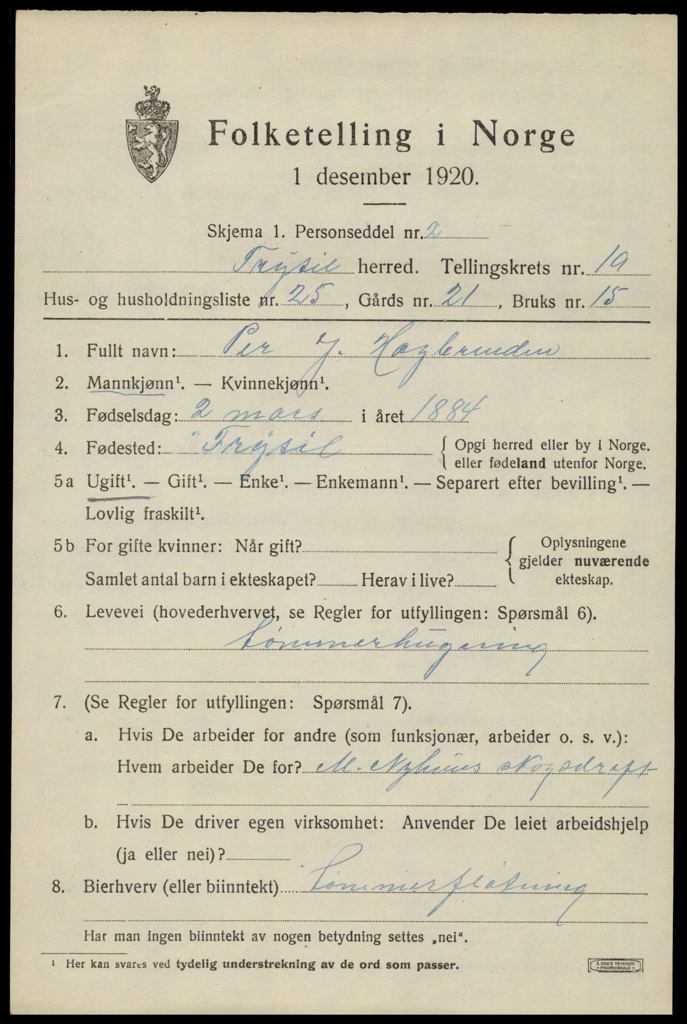 SAH, 1920 census for Trysil, 1920, p. 13017