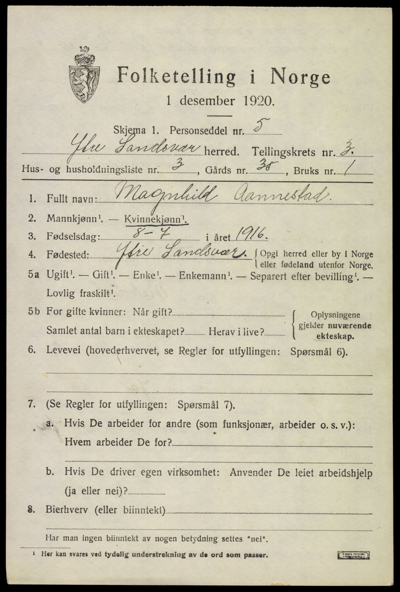 SAKO, 1920 census for Ytre Sandsvær, 1920, p. 3722