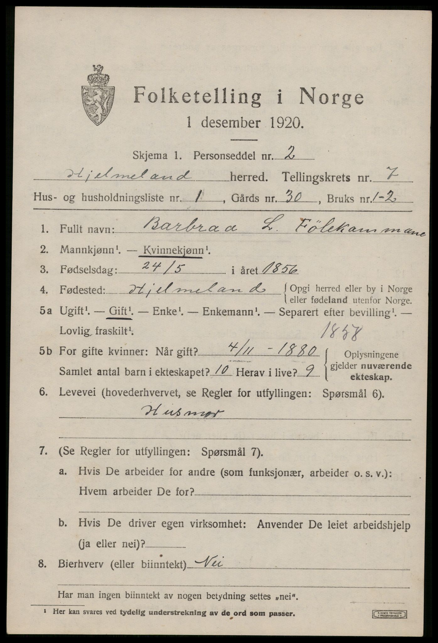 SAST, 1920 census for Hjelmeland, 1920, p. 2257