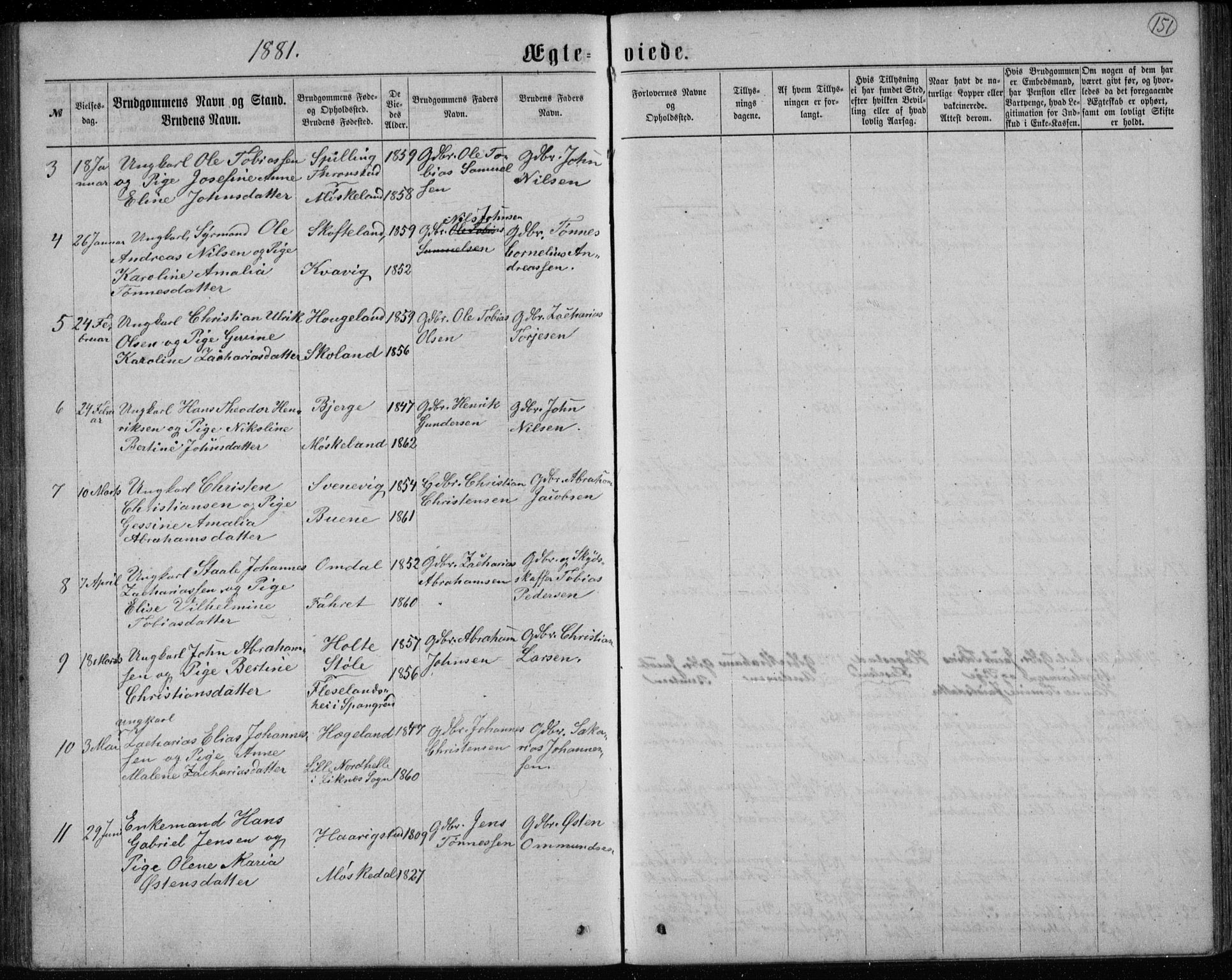 Lyngdal sokneprestkontor, AV/SAK-1111-0029/F/Fb/Fbc/L0004: Parish register (copy) no. B 4, 1878-1896, p. 151