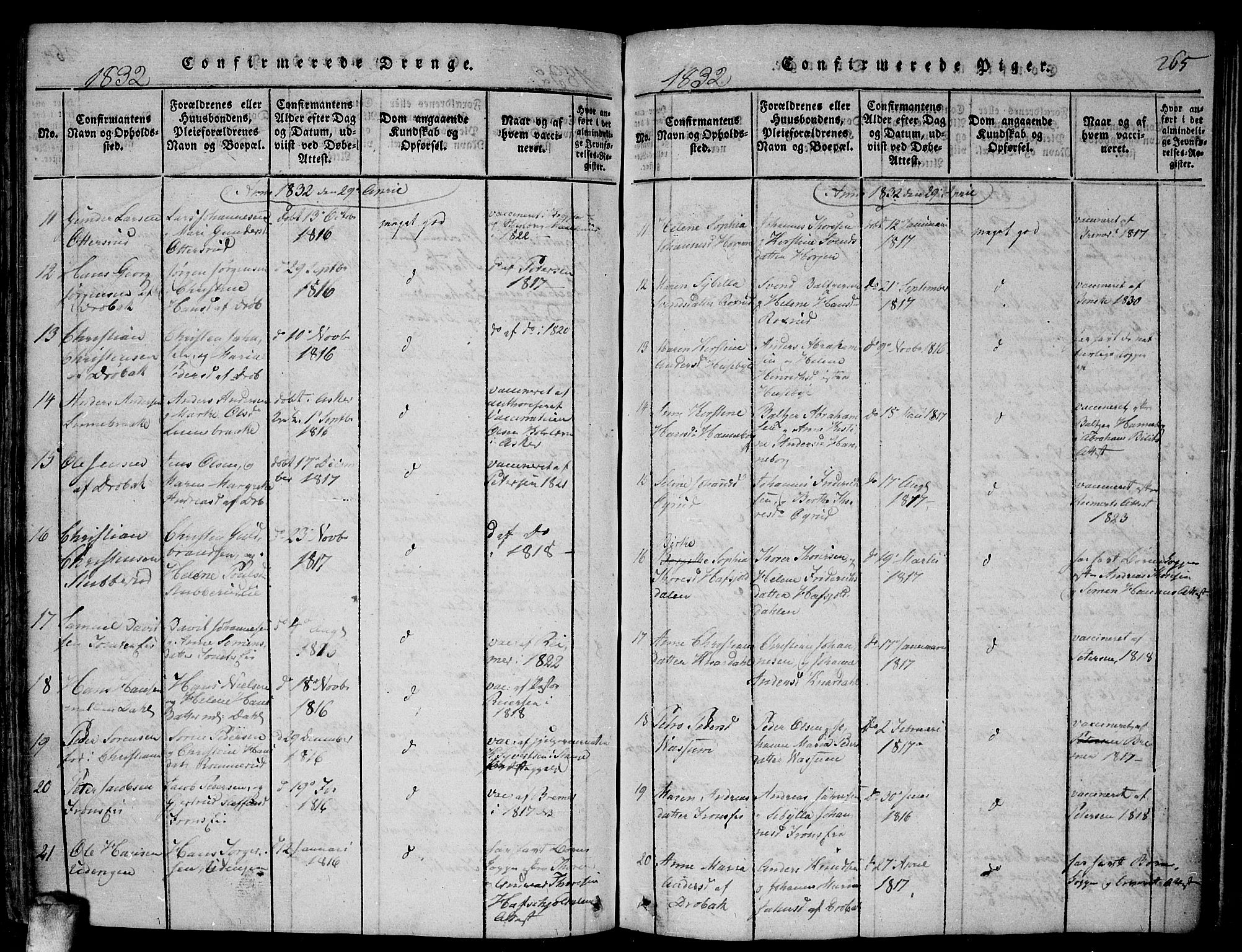 Drøbak prestekontor Kirkebøker, AV/SAO-A-10142a/F/Fa/L0001: Parish register (official) no. I 1, 1816-1842, p. 265