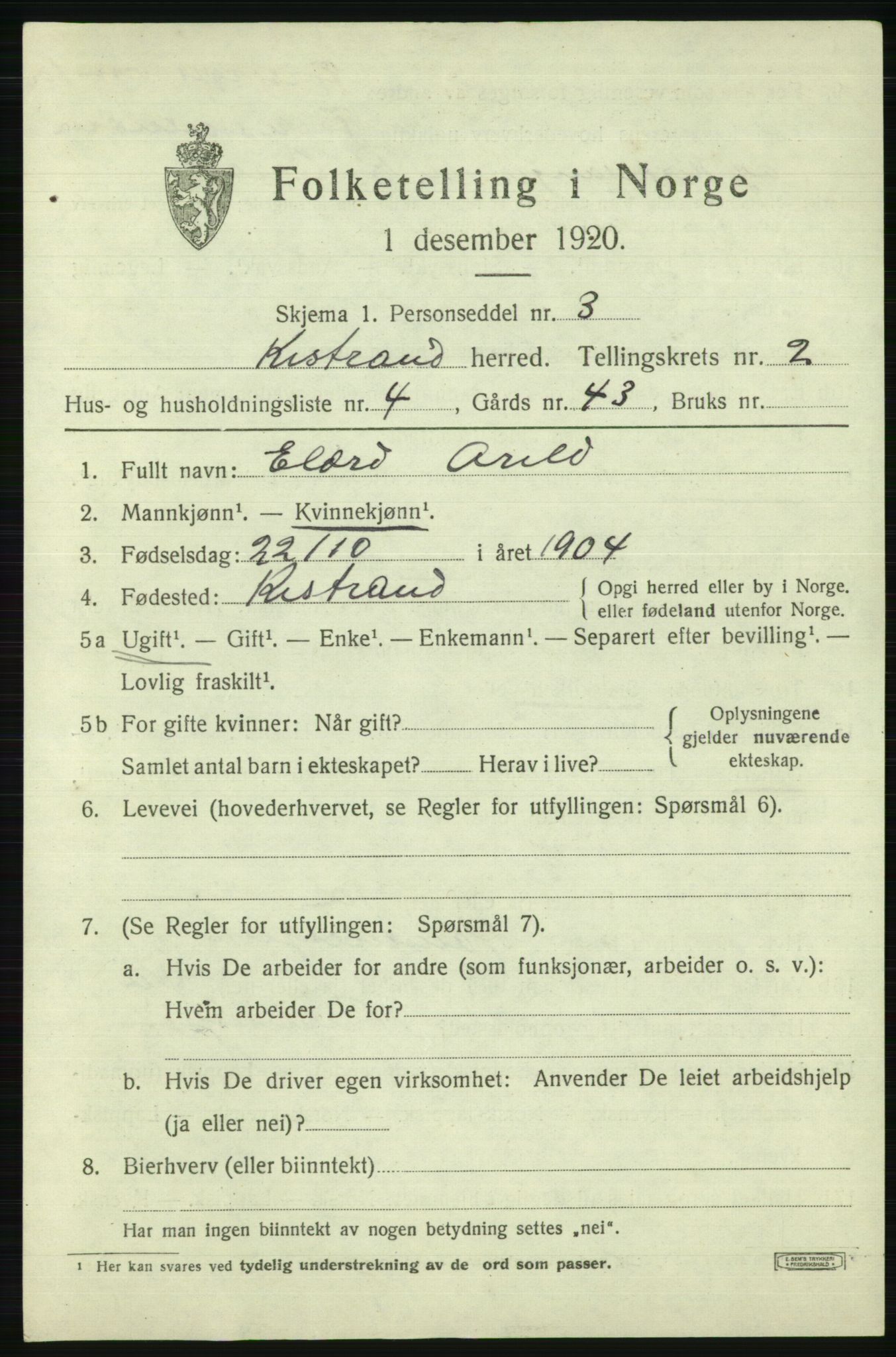 SATØ, 1920 census for Kistrand, 1920, p. 1522