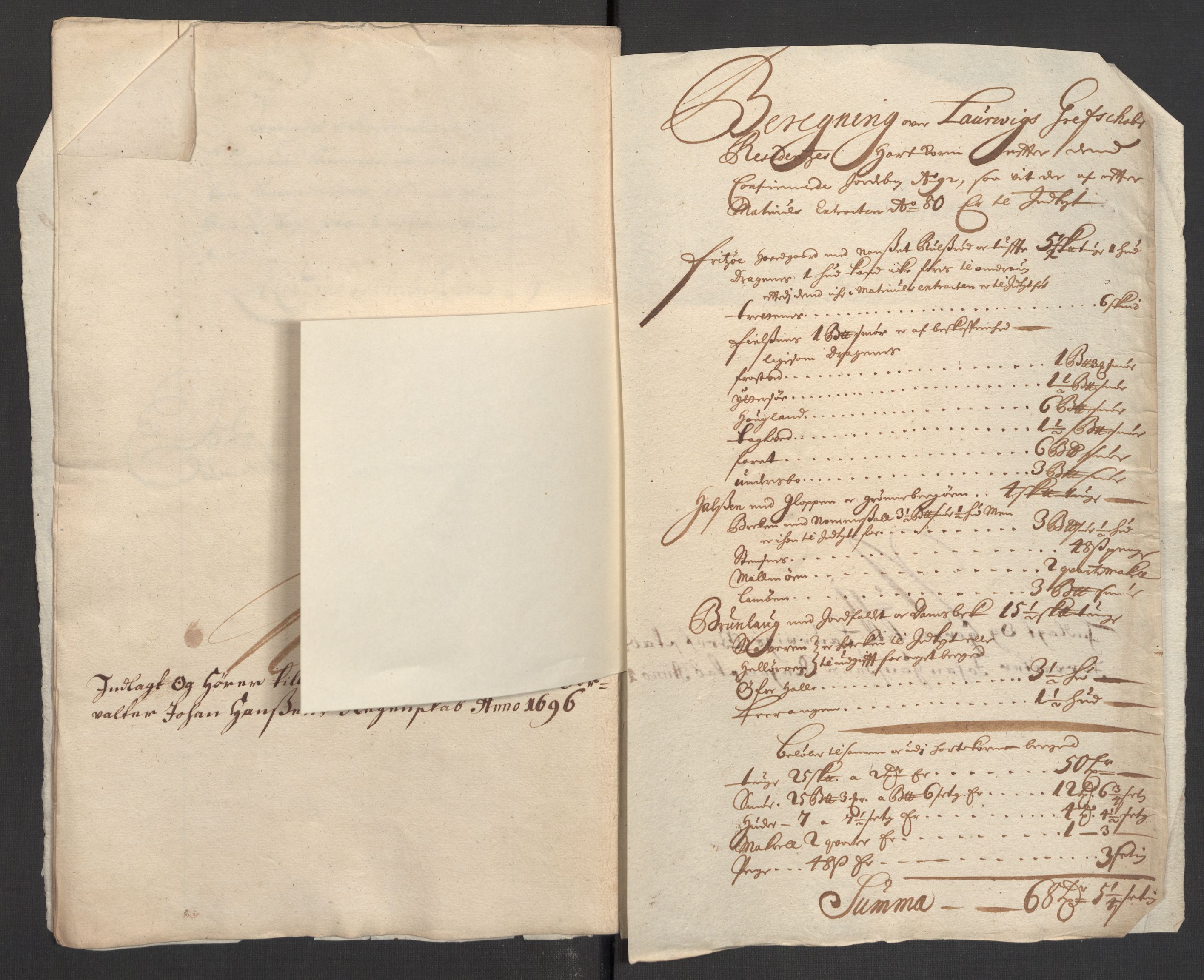 Rentekammeret inntil 1814, Reviderte regnskaper, Fogderegnskap, RA/EA-4092/R33/L1975: Fogderegnskap Larvik grevskap, 1696-1697, p. 104