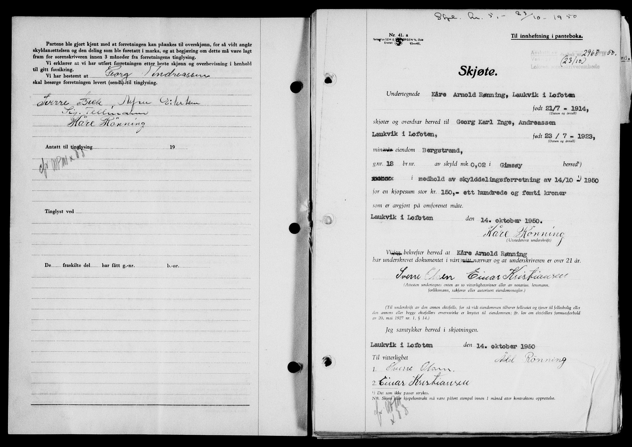 Lofoten sorenskriveri, SAT/A-0017/1/2/2C/L0024a: Mortgage book no. 24a, 1950-1950, Diary no: : 2968/1950