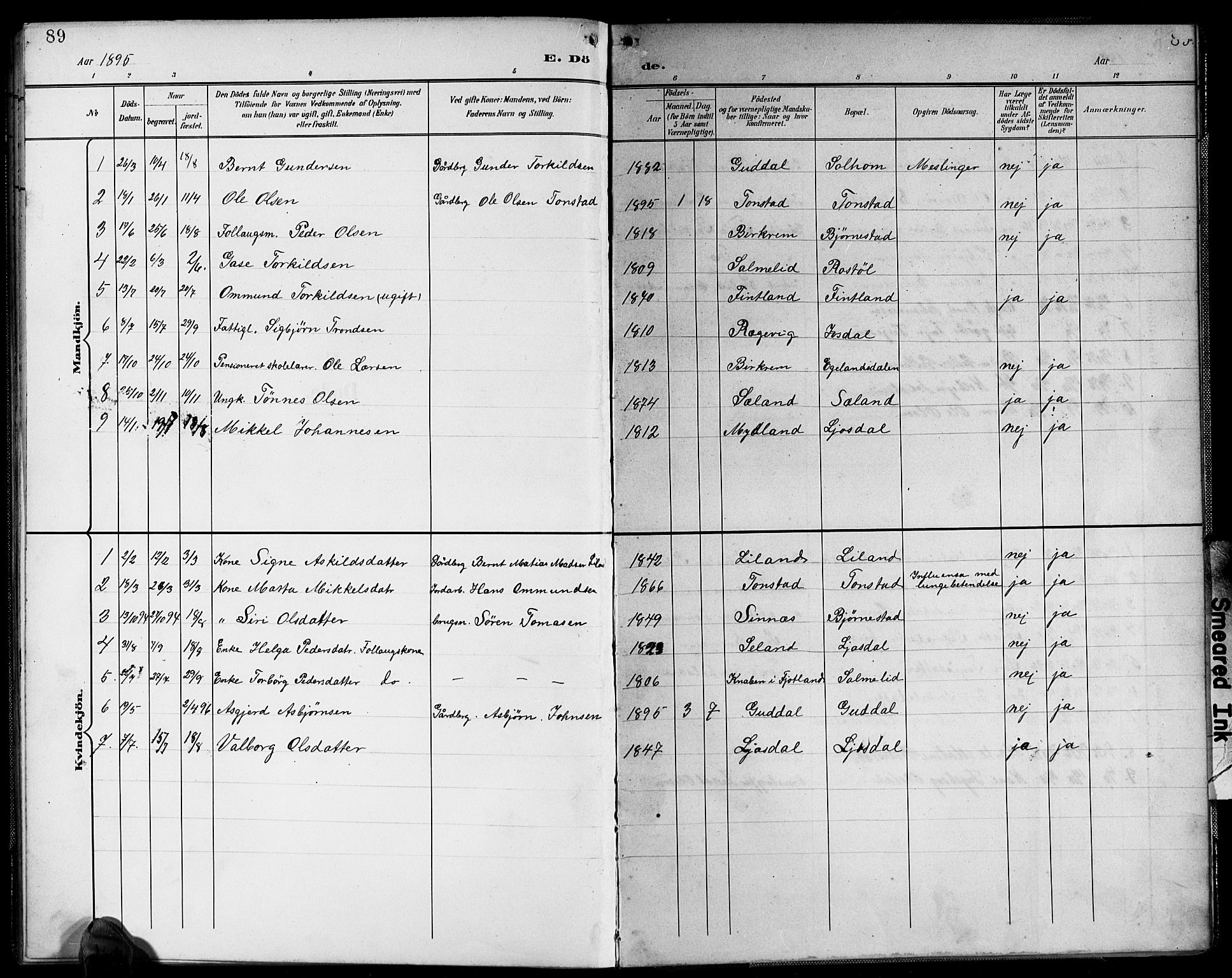 Sirdal sokneprestkontor, AV/SAK-1111-0036/F/Fb/Fbb/L0004: Parish register (copy) no. B 4, 1895-1916, p. 89