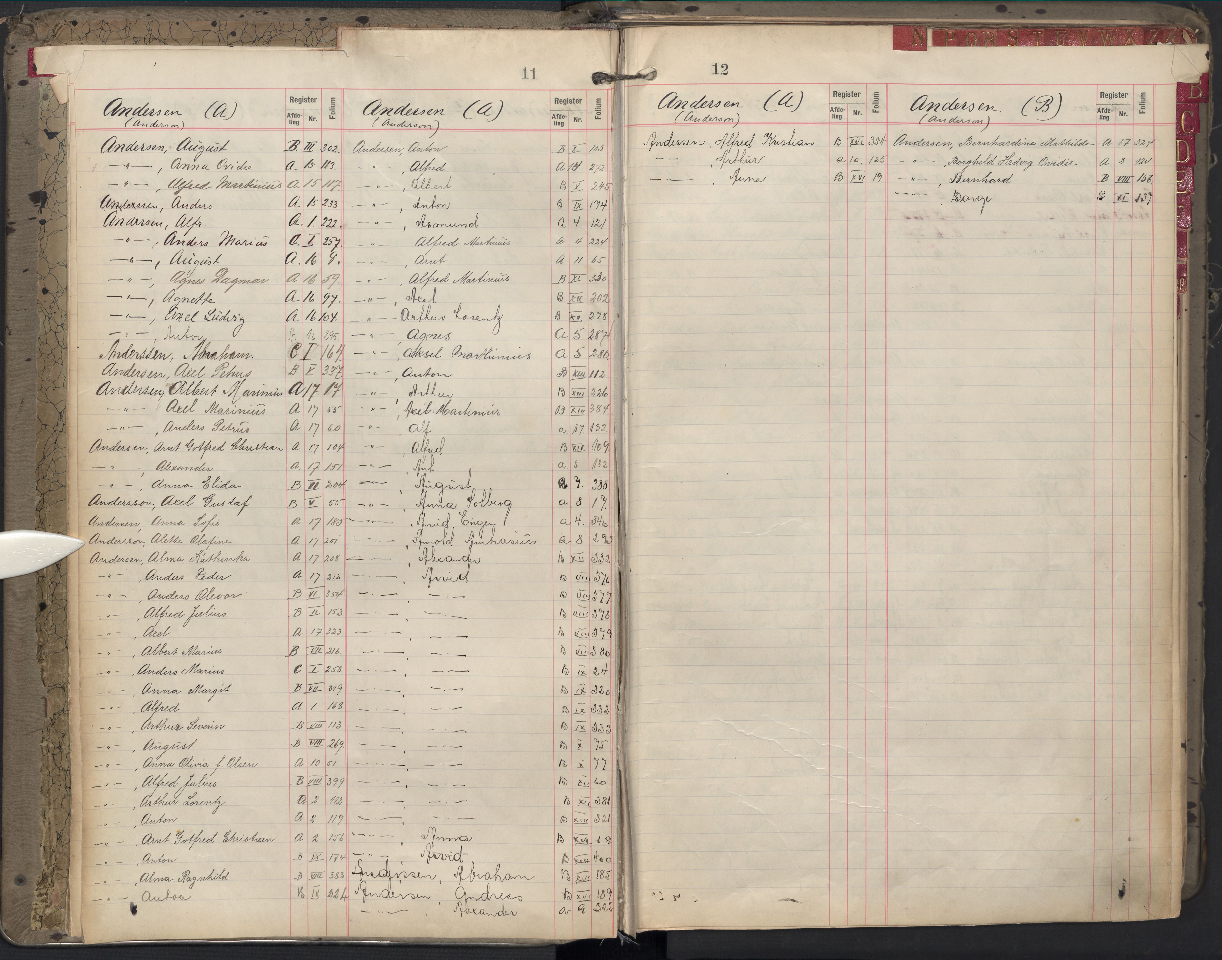 Oslo byfogd avd. II, AV/SAO-A-10942/G/Ga/Gab/L0002: Personregister: A 1-17, B 1-17, C 1, 1907, p. 11-12