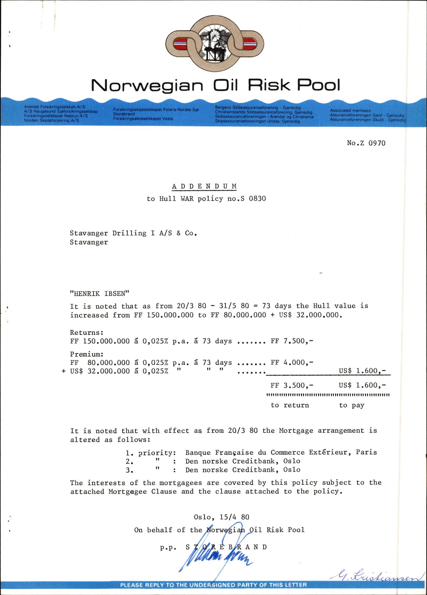 Pa 1503 - Stavanger Drilling AS, AV/SAST-A-101906/2/E/Ec/Eca/L0010: Forsikring, 1976-1983