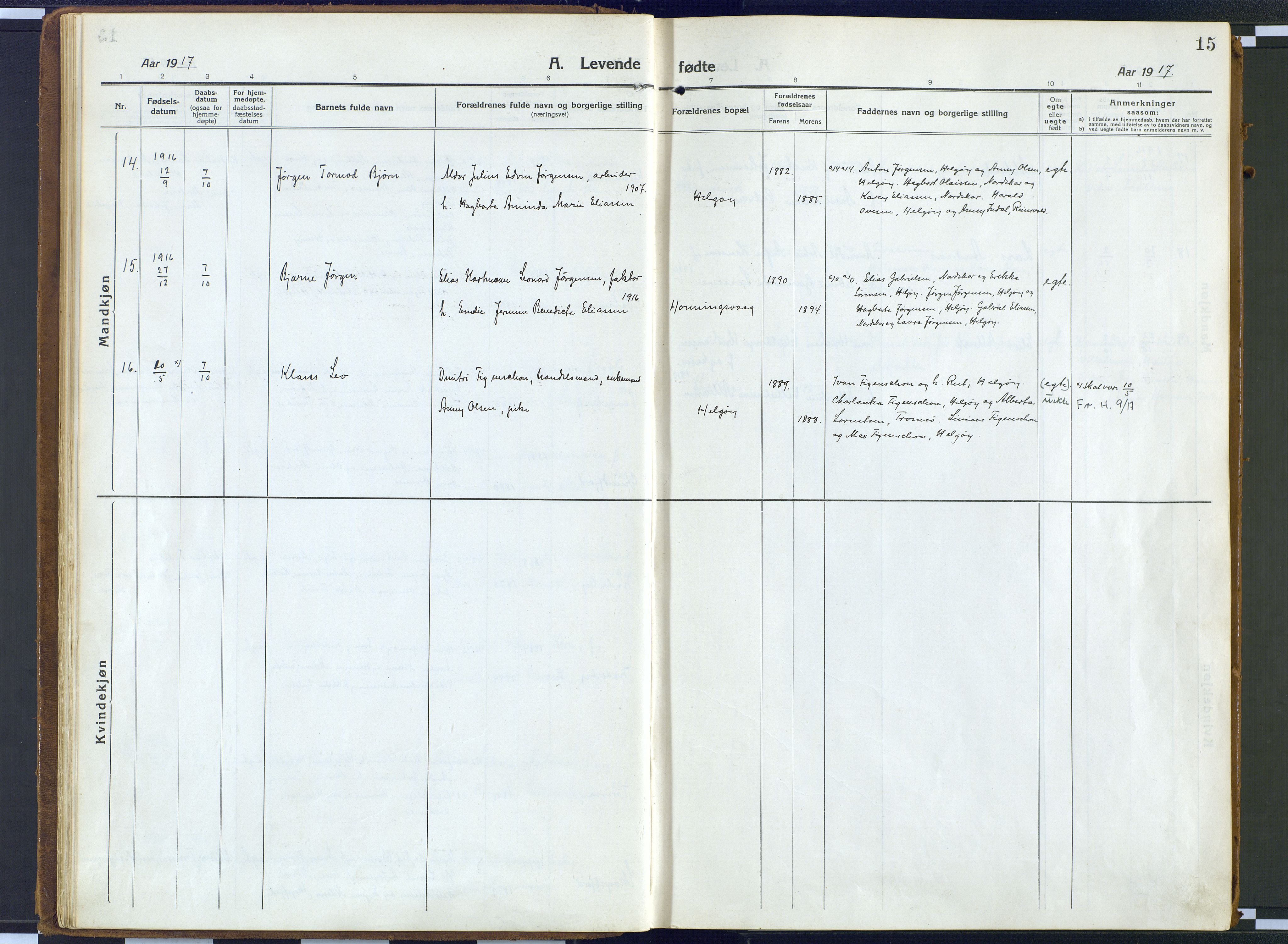 Karlsøy sokneprestembete, AV/SATØ-S-1299/H/Ha/Haa/L0016kirke: Parish register (official) no. 16, 1916-1934, p. 15