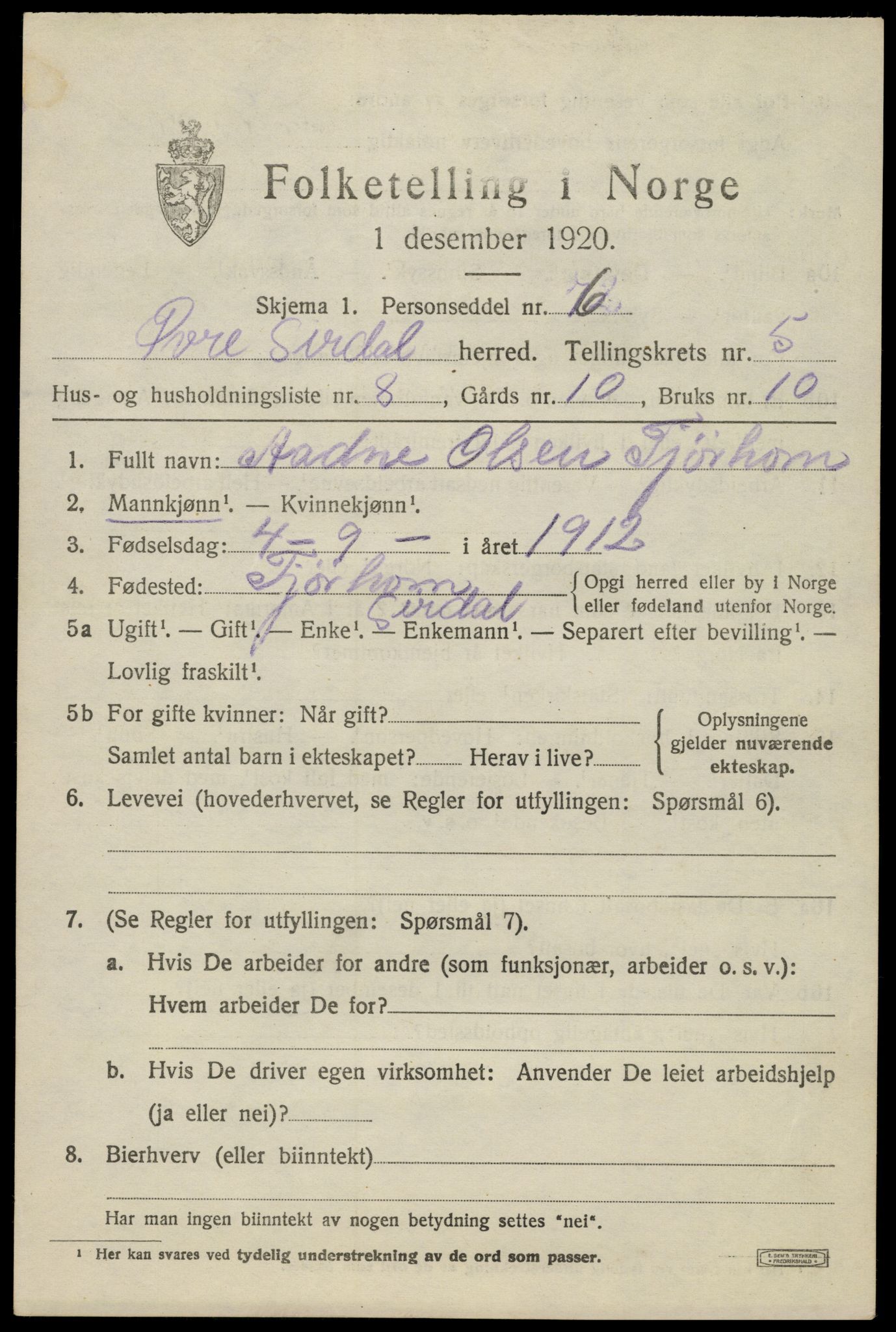 SAK, 1920 census for Øvre Sirdal, 1920, p. 1037