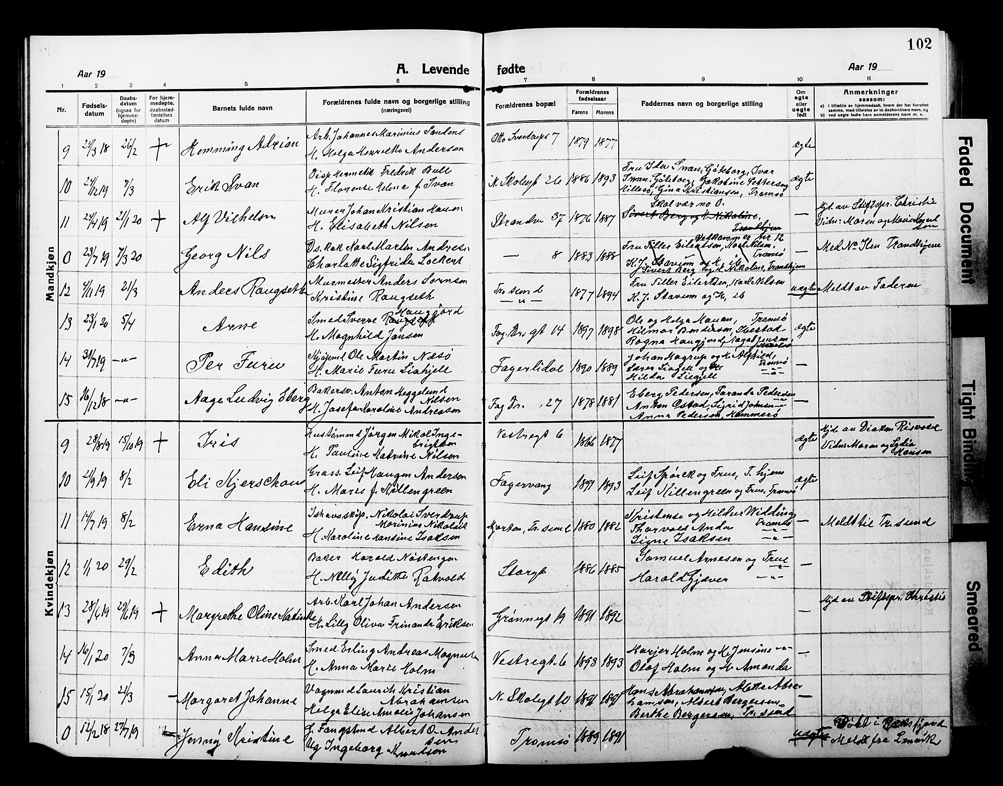 Tromsø sokneprestkontor/stiftsprosti/domprosti, AV/SATØ-S-1343/G/Gb/L0009klokker: Parish register (copy) no. 9, 1915-1925, p. 102
