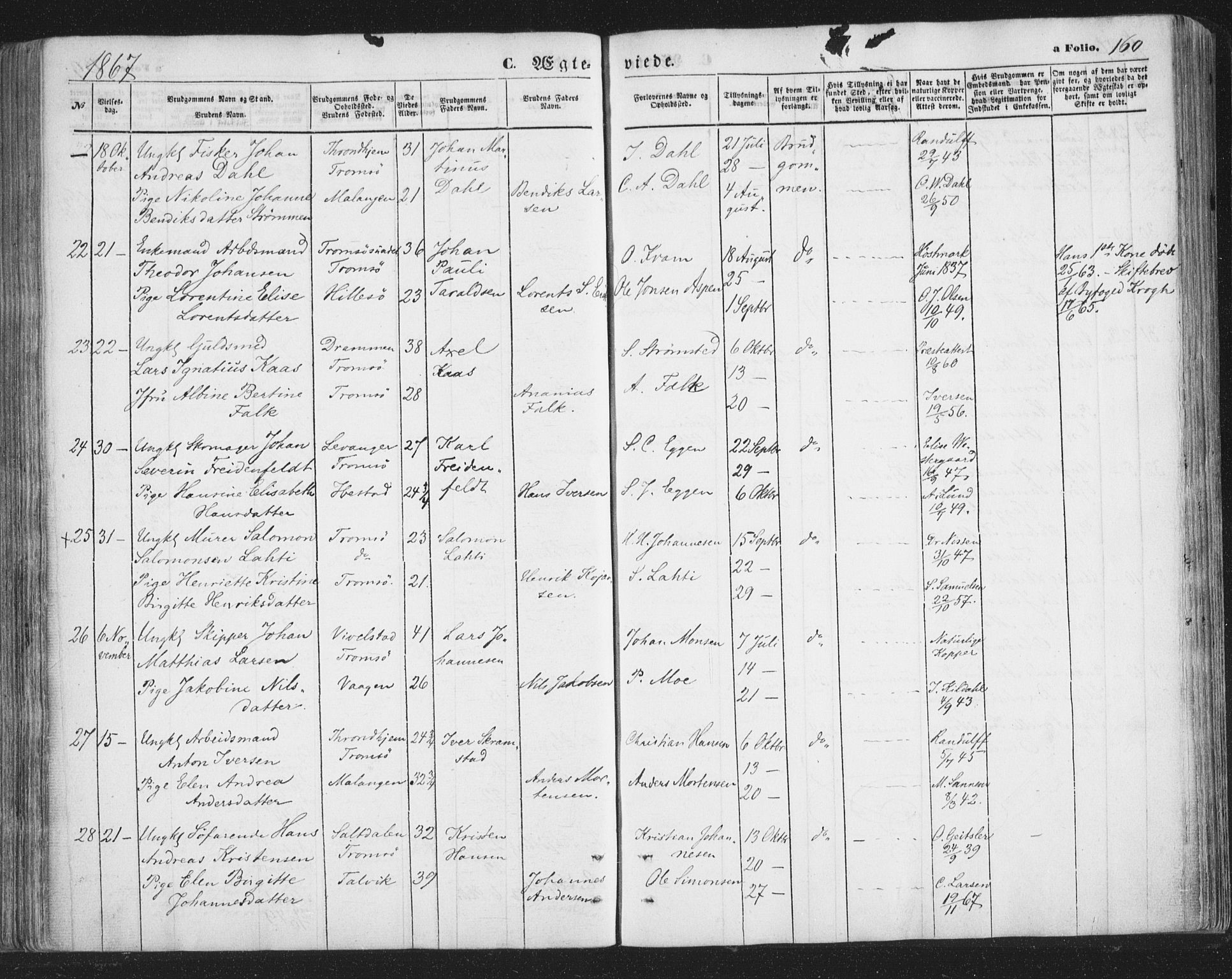 Tromsø sokneprestkontor/stiftsprosti/domprosti, AV/SATØ-S-1343/G/Ga/L0012kirke: Parish register (official) no. 12, 1865-1871, p. 160