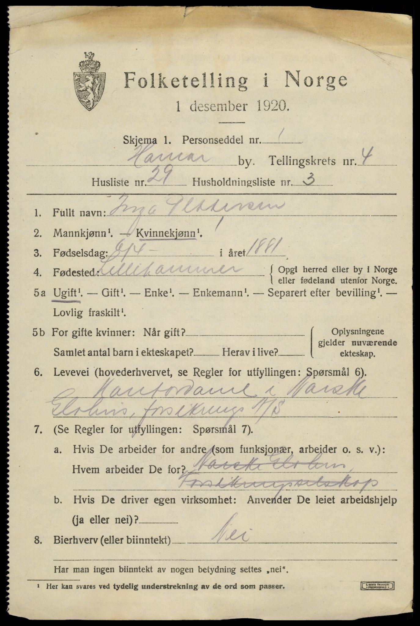 SAH, 1920 census for Hamar, 1920, p. 9255