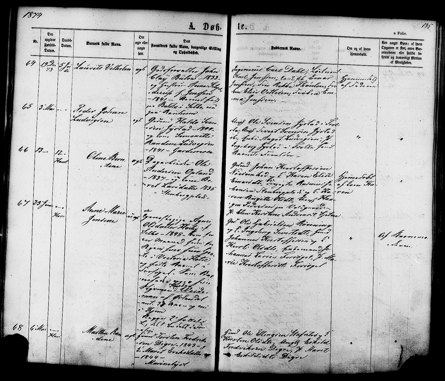 Ministerialprotokoller, klokkerbøker og fødselsregistre - Sør-Trøndelag, AV/SAT-A-1456/606/L0293: Parish register (official) no. 606A08, 1866-1877, p. 135