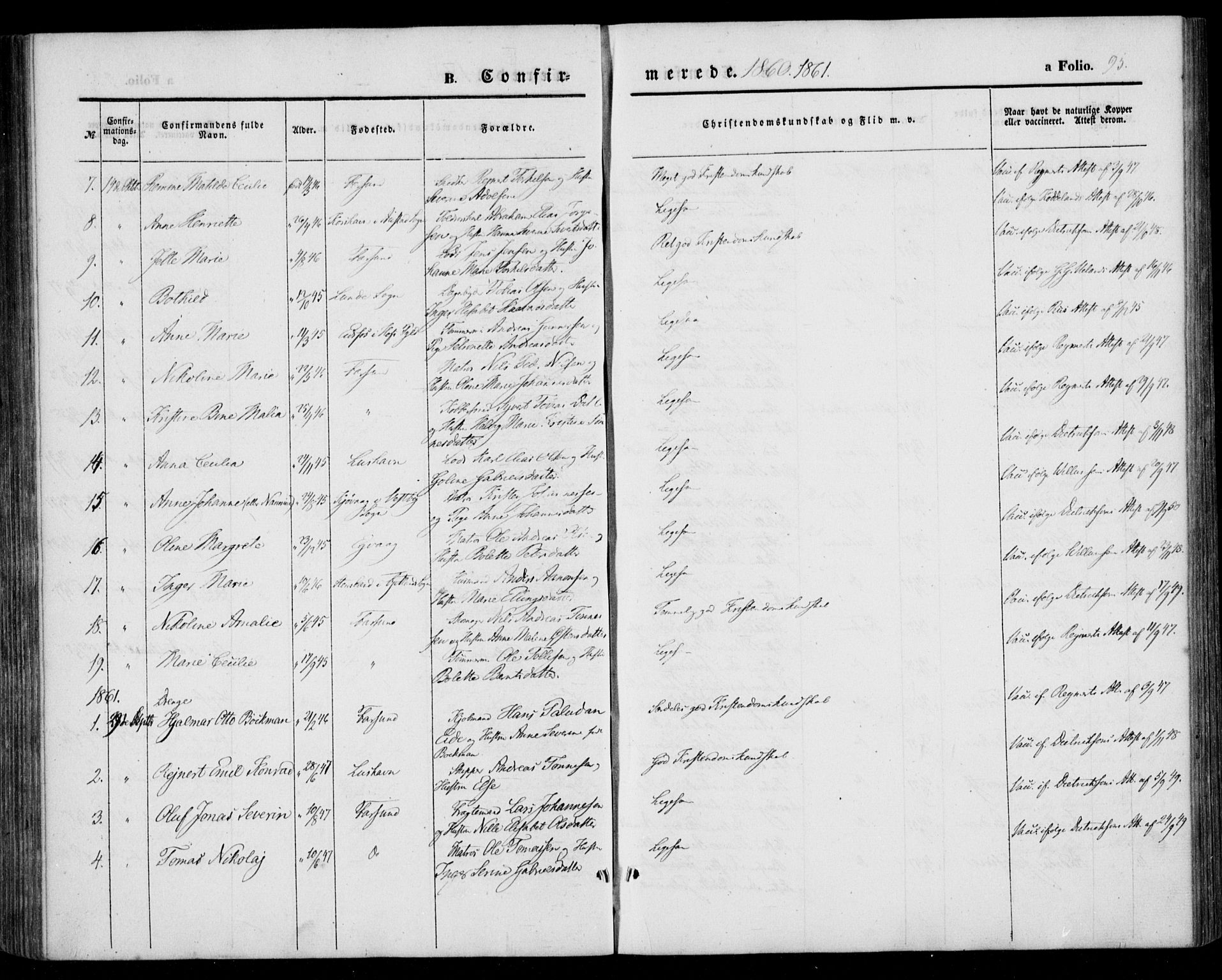 Farsund sokneprestkontor, AV/SAK-1111-0009/F/Fa/L0004: Parish register (official) no. A 4, 1847-1863, p. 95