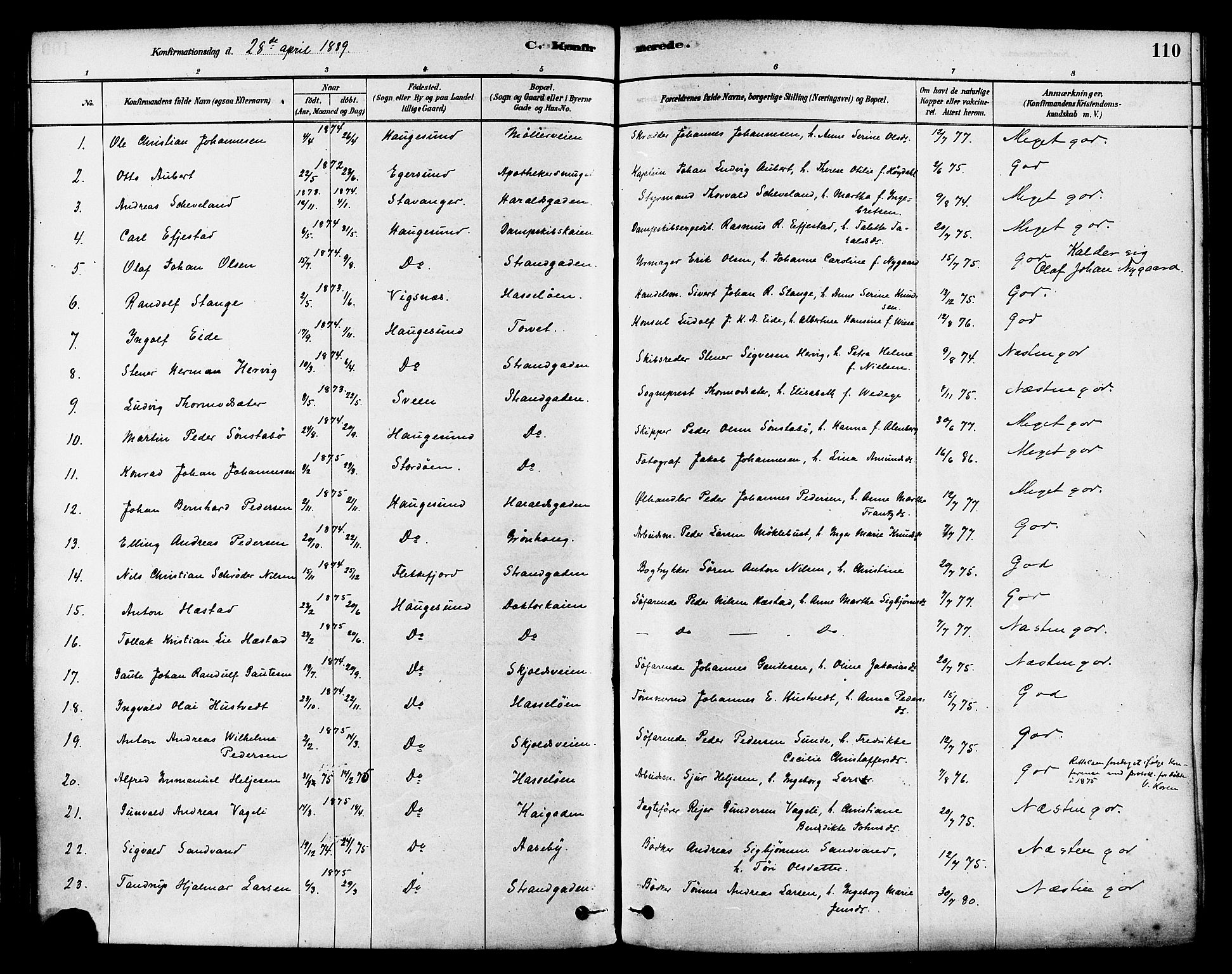 Haugesund sokneprestkontor, SAST/A -101863/H/Ha/Haa/L0003: Parish register (official) no. A 3, 1885-1890, p. 110
