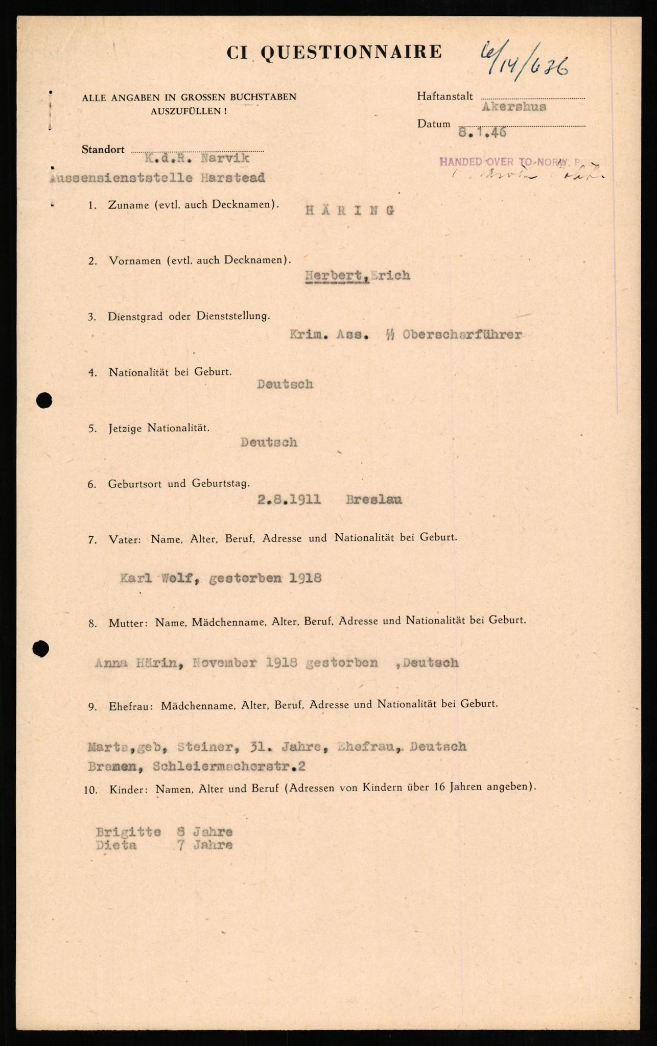 Forsvaret, Forsvarets overkommando II, RA/RAFA-3915/D/Db/L0014: CI Questionaires. Tyske okkupasjonsstyrker i Norge. Tyskere., 1945-1946, p. 235