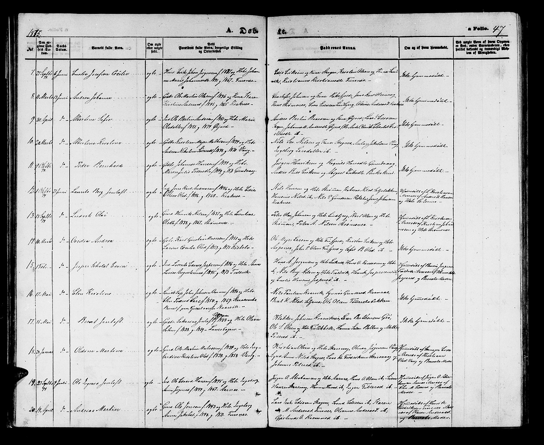 Lenvik sokneprestembete, AV/SATØ-S-1310/H/Ha/Hab/L0005klokker: Parish register (copy) no. 5, 1870-1880, p. 47