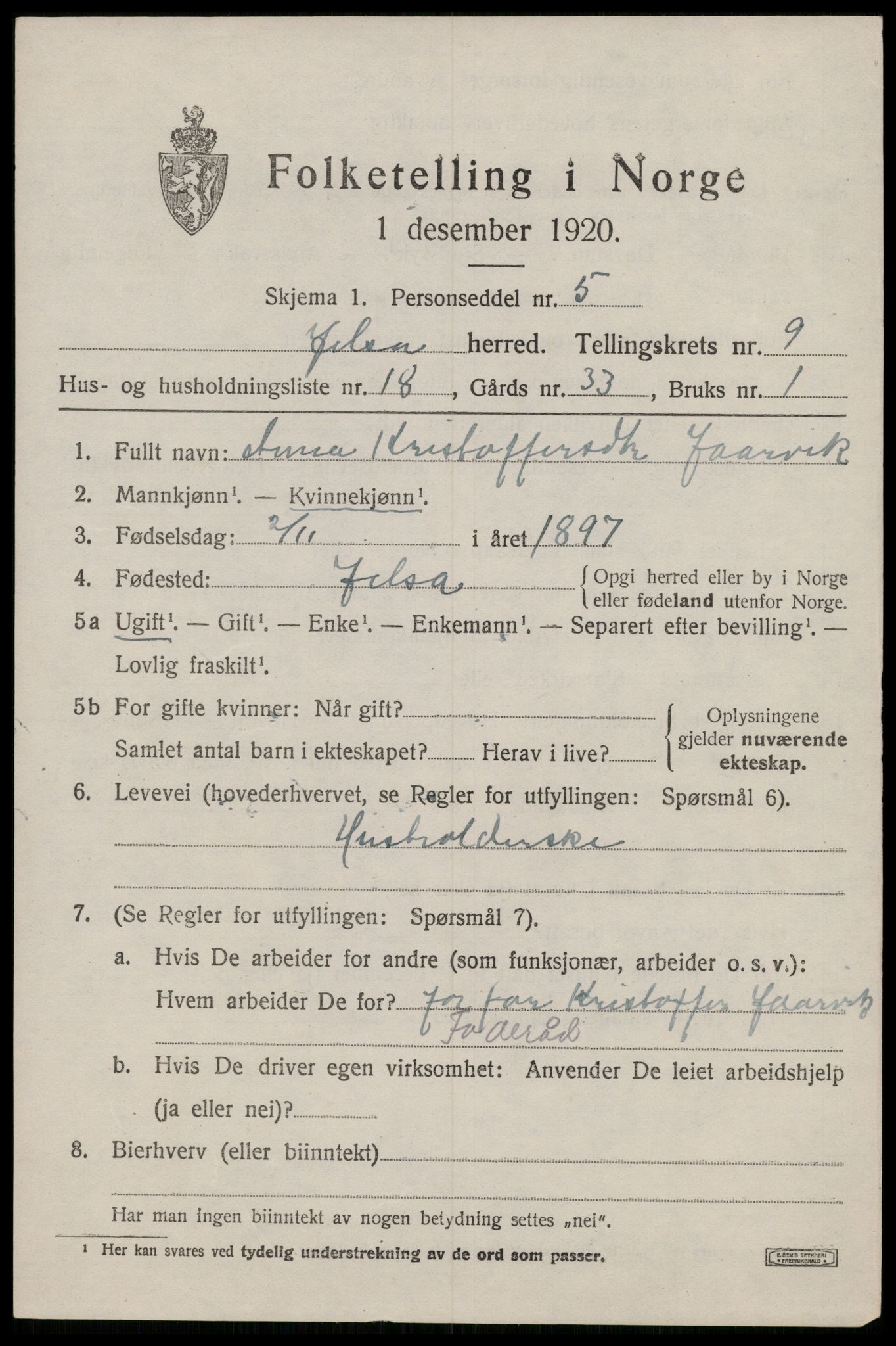 SAST, 1920 census for Jelsa, 1920, p. 2596