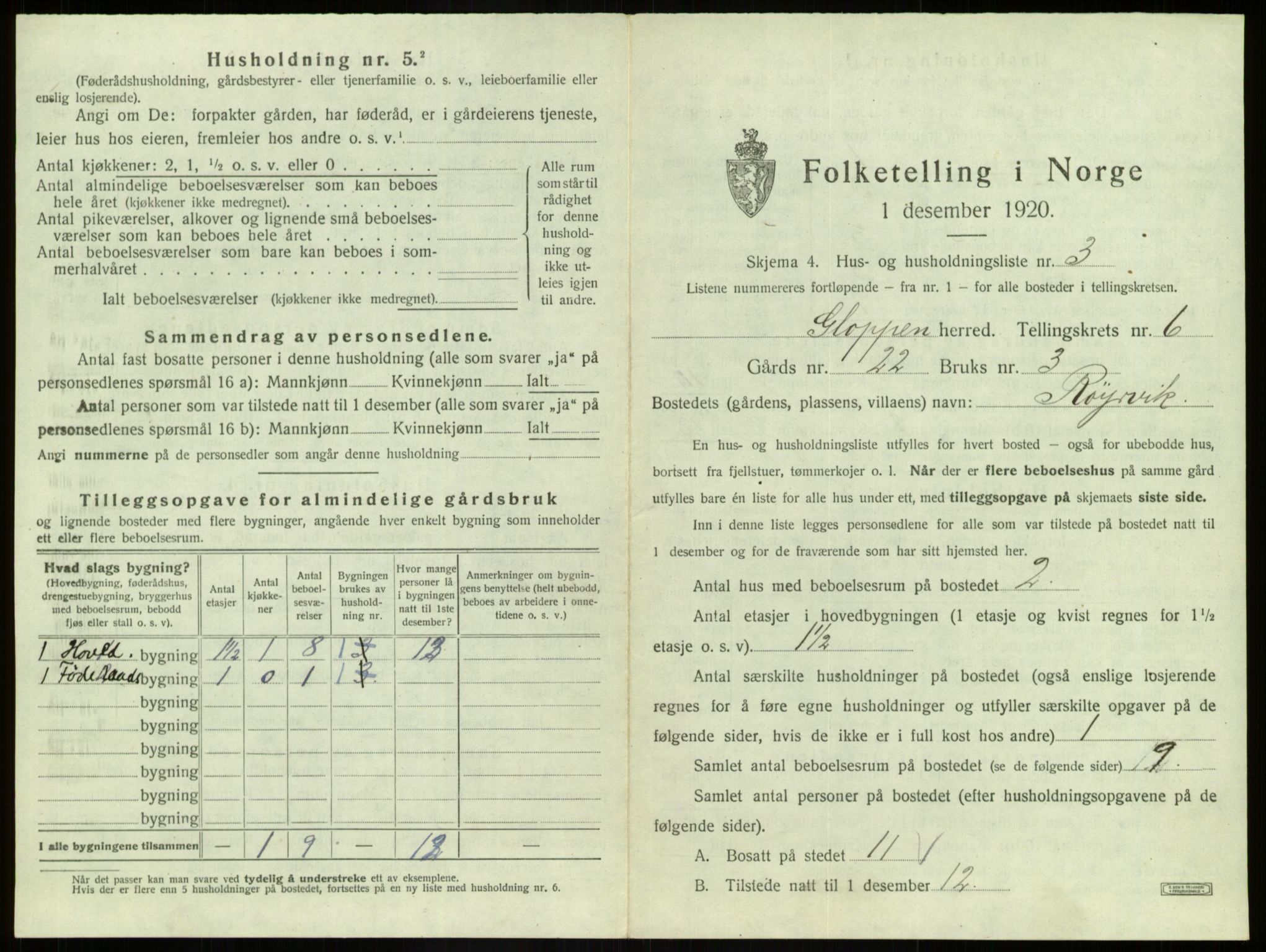 SAB, 1920 census for Gloppen, 1920, p. 444