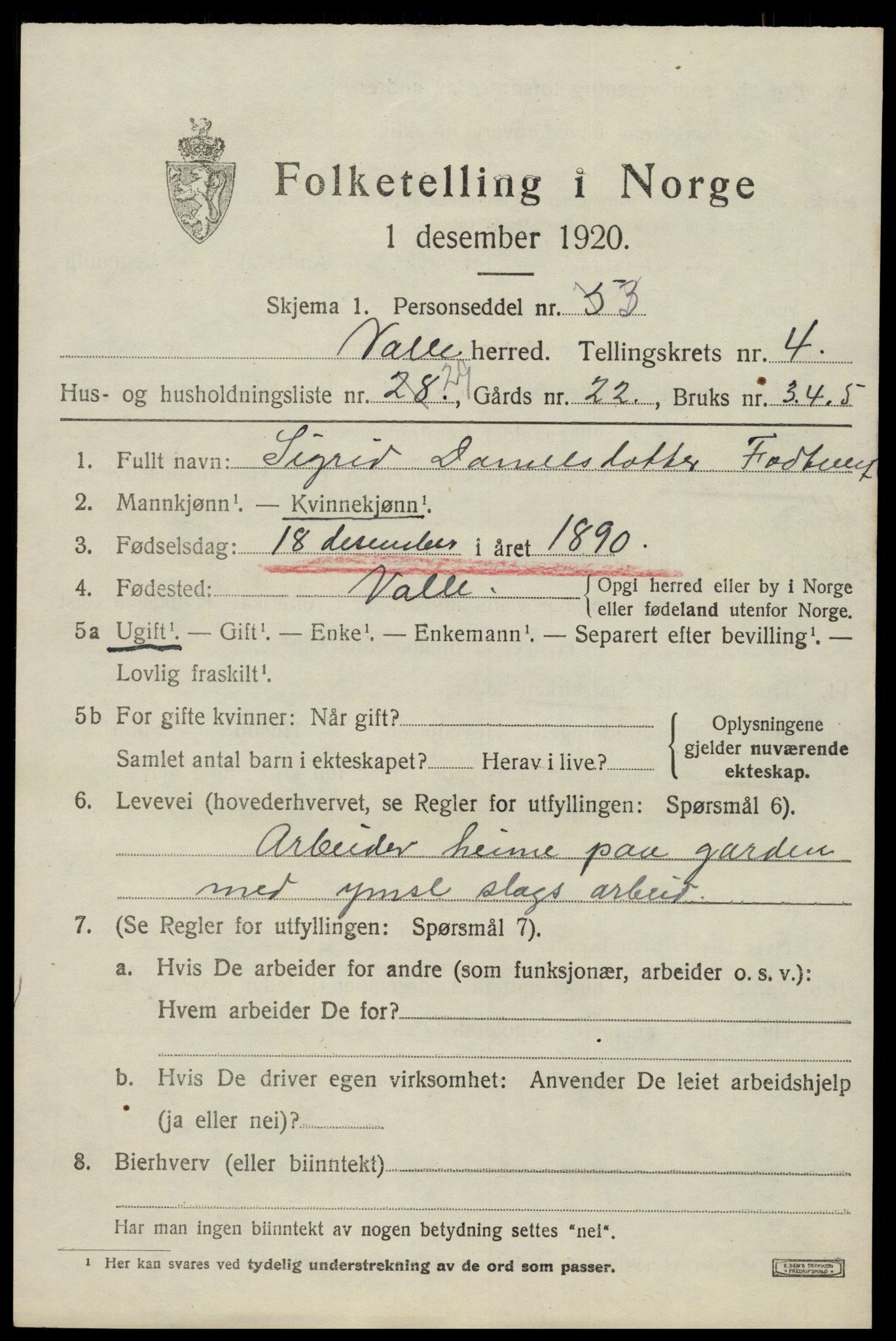 SAK, 1920 census for Valle, 1920, p. 2317
