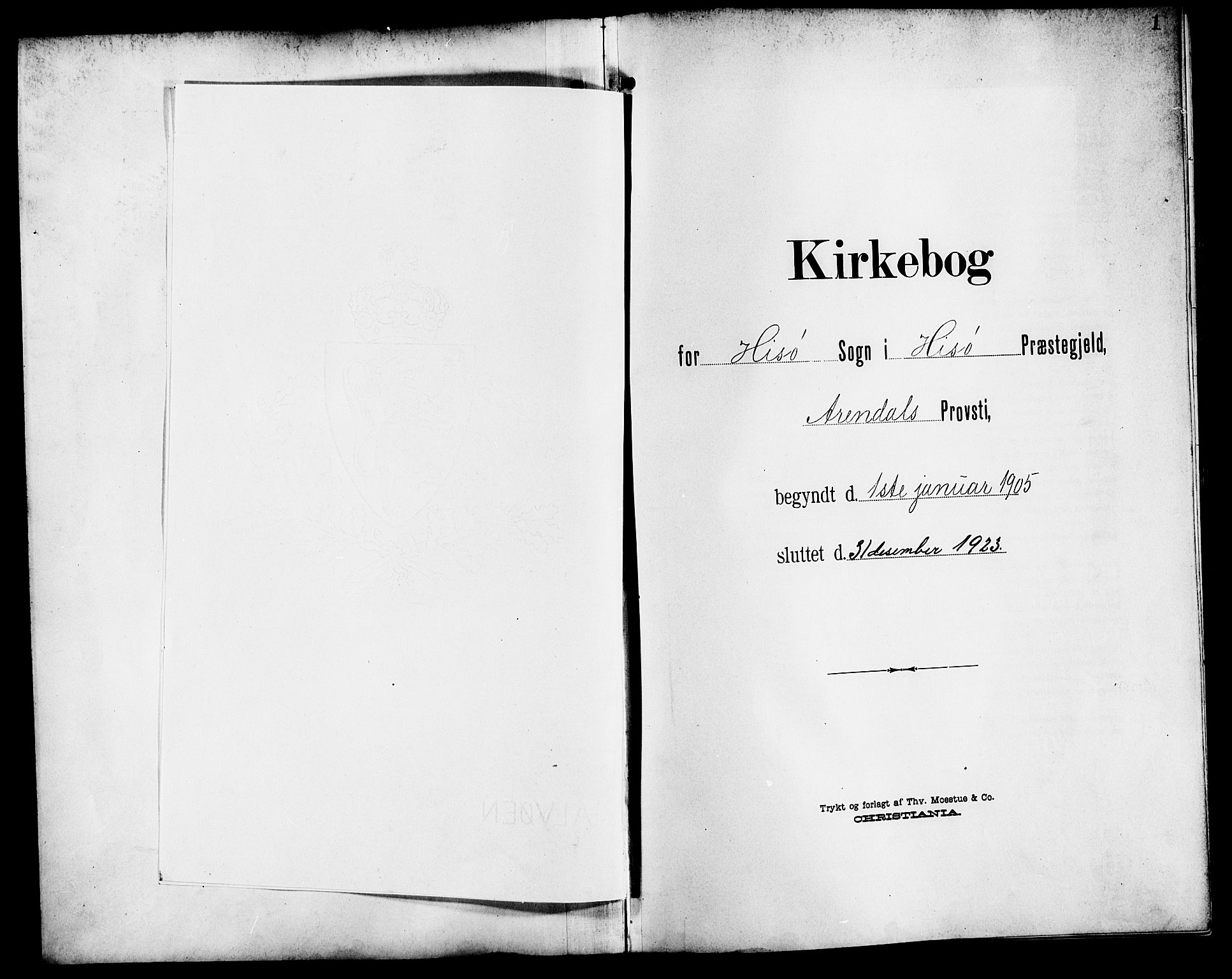 Hisøy sokneprestkontor, AV/SAK-1111-0020/F/Fb/L0004: Parish register (copy) no. B 4, 1905-1923, p. 1