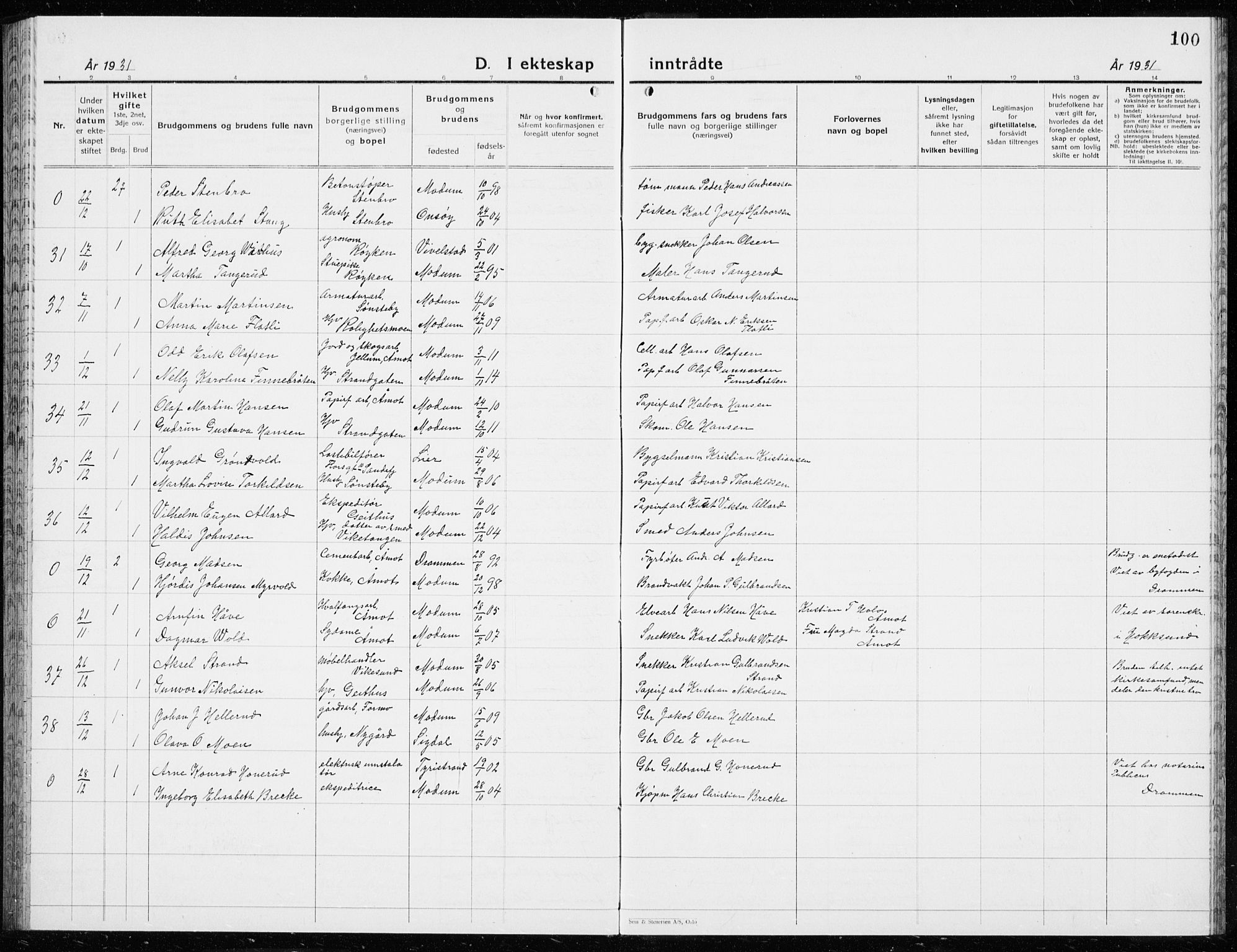 Modum kirkebøker, AV/SAKO-A-234/G/Ga/L0013: Parish register (copy) no. I 13, 1925-1938, p. 100