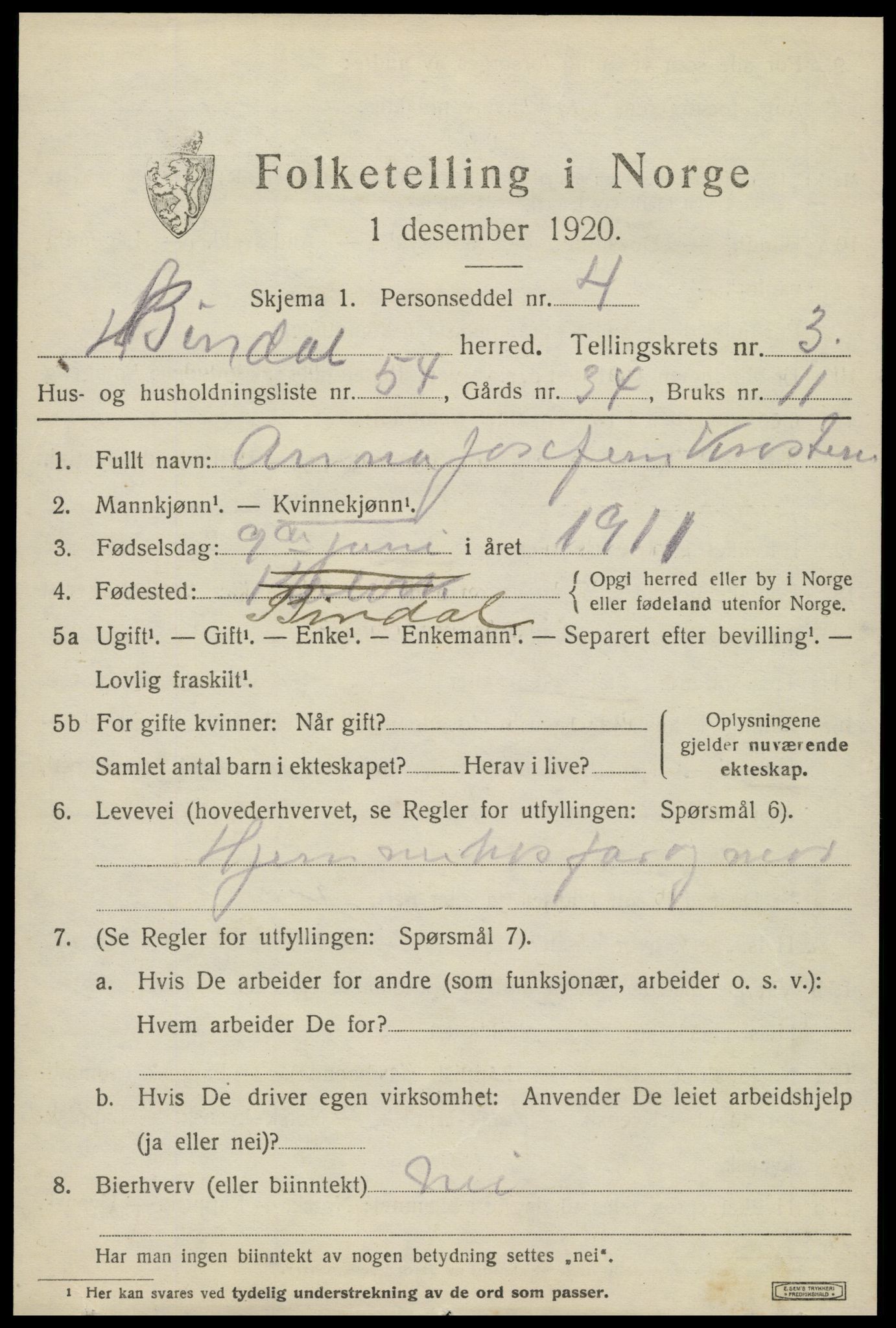 SAT, 1920 census for Bindal, 1920, p. 3309