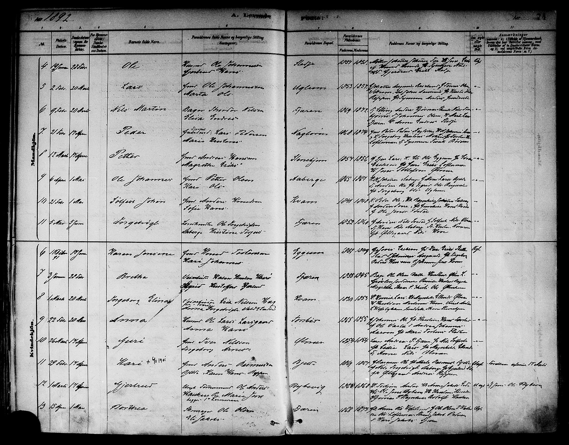 Sogndal sokneprestembete, SAB/A-81301/H/Haa/Haab/L0001: Parish register (official) no. B 1, 1878-1899, p. 74