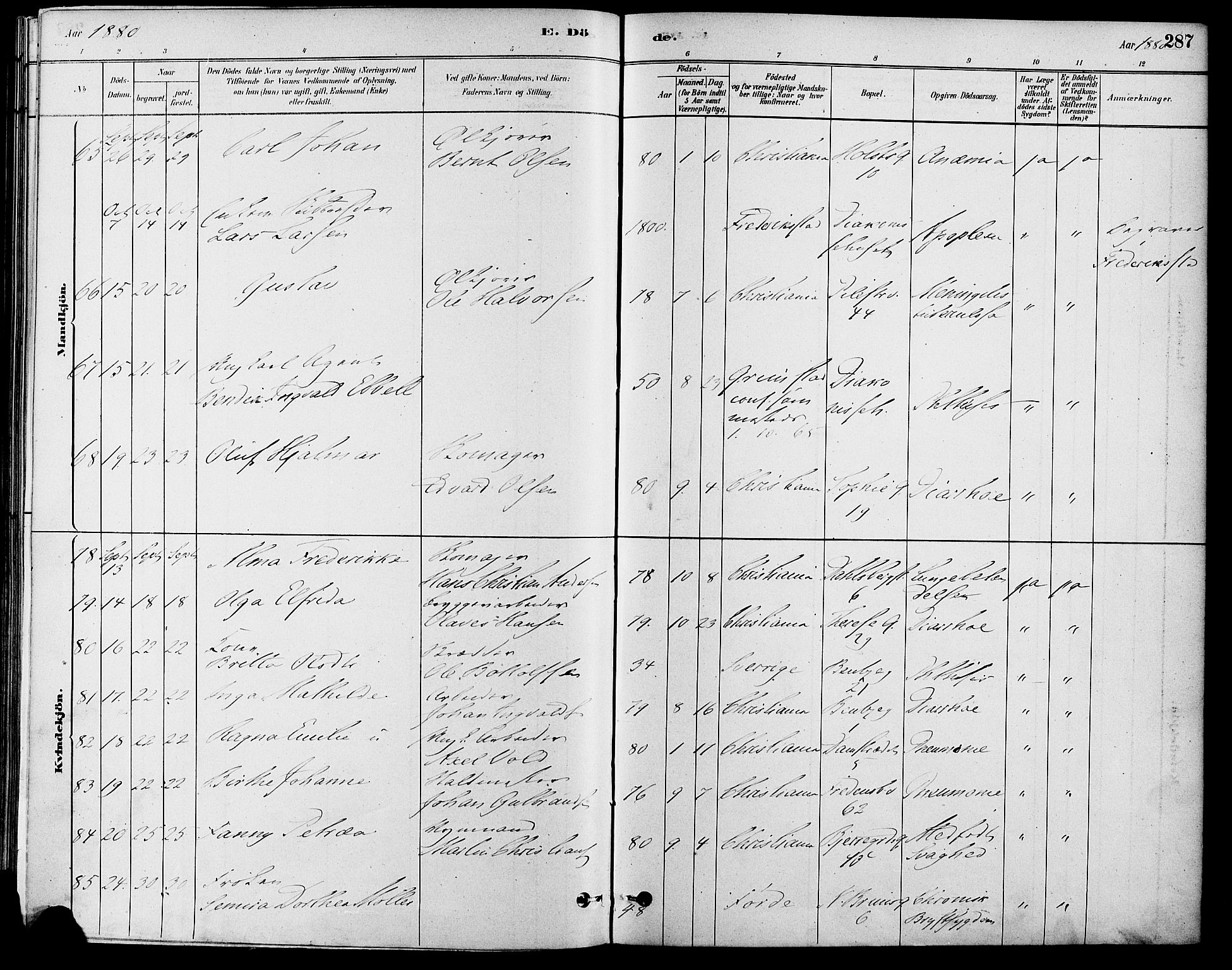 Gamle Aker prestekontor Kirkebøker, AV/SAO-A-10617a/F/L0006: Parish register (official) no. 6, 1880-1887, p. 287