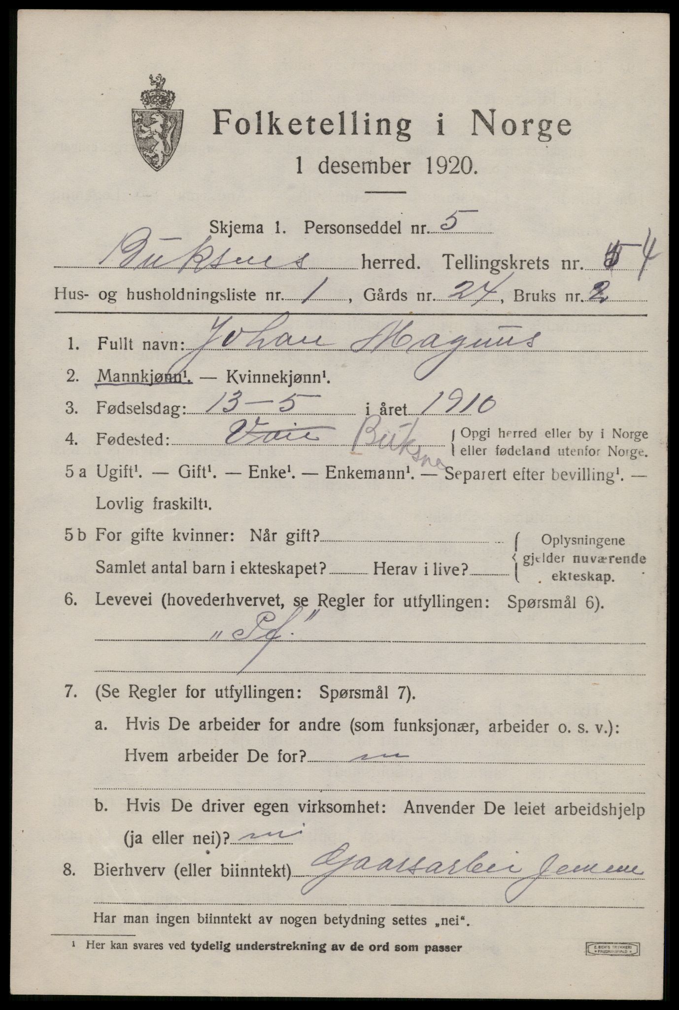 SAT, 1920 census for Buksnes, 1920, p. 4503