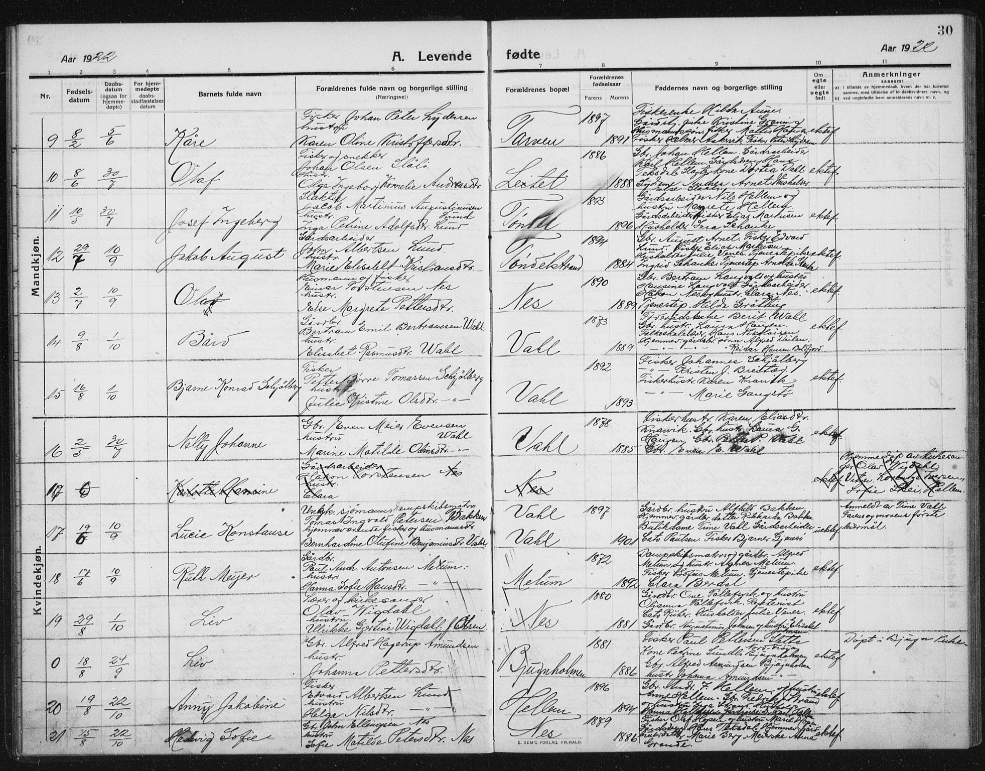 Ministerialprotokoller, klokkerbøker og fødselsregistre - Sør-Trøndelag, SAT/A-1456/652/L0654: Parish register (copy) no. 652C02, 1910-1937, p. 30