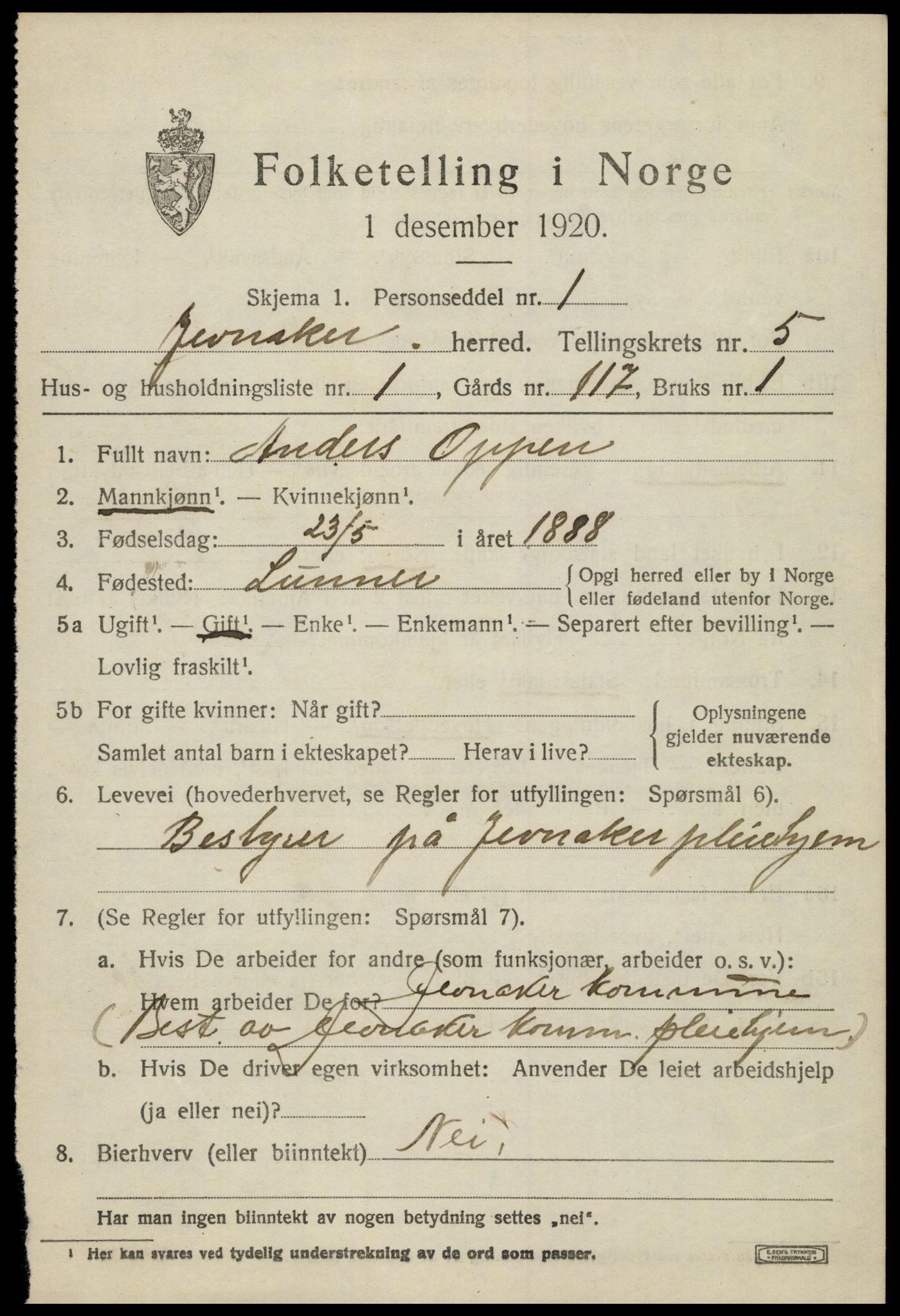 SAH, 1920 census for Jevnaker, 1920, p. 7771
