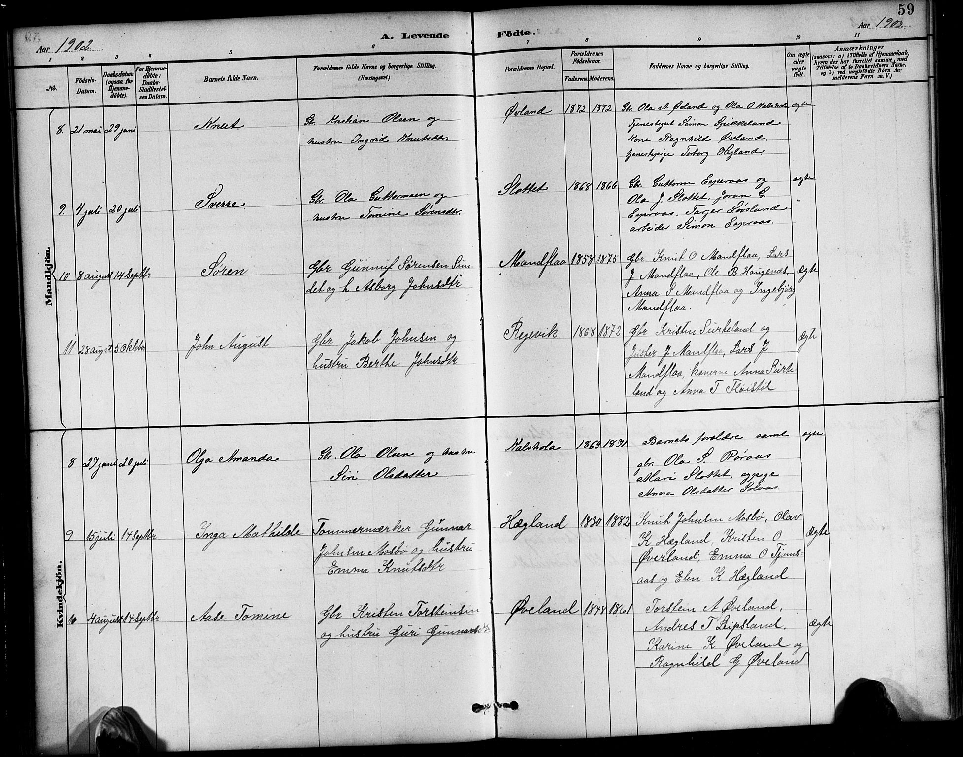 Bjelland sokneprestkontor, SAK/1111-0005/F/Fb/Fbb/L0005: Parish register (copy) no. B 5, 1887-1918, p. 59