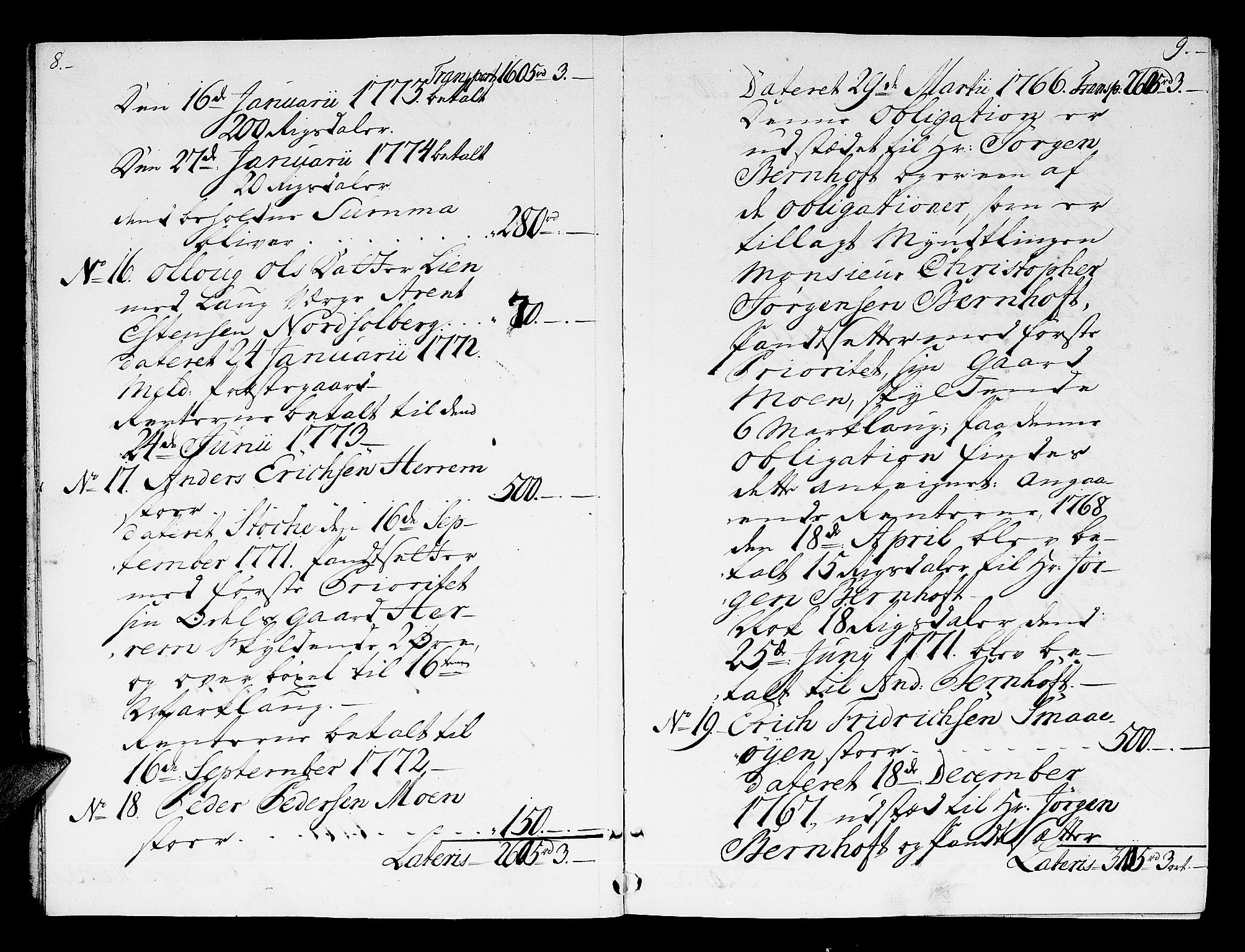 Dalene prosti, SAT/A-6518/1/D/Db/L0001: Skifte etter Anders Bernhoff, sokneprest til Meldal, 1774-1776, p. 8-9