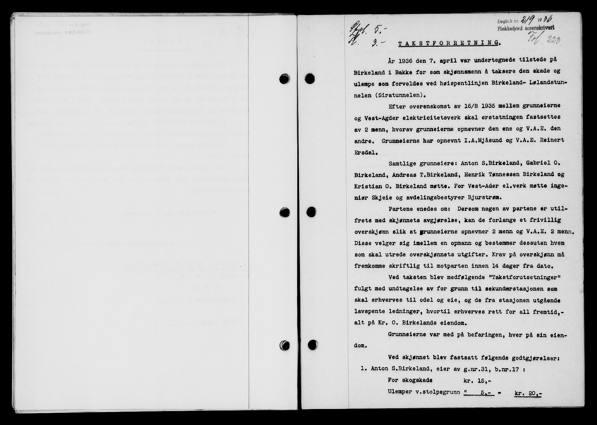 Flekkefjord sorenskriveri, SAK/1221-0001/G/Gb/Gba/L0053: Mortgage book no. A-1, 1936-1937, Diary no: : 219/1936