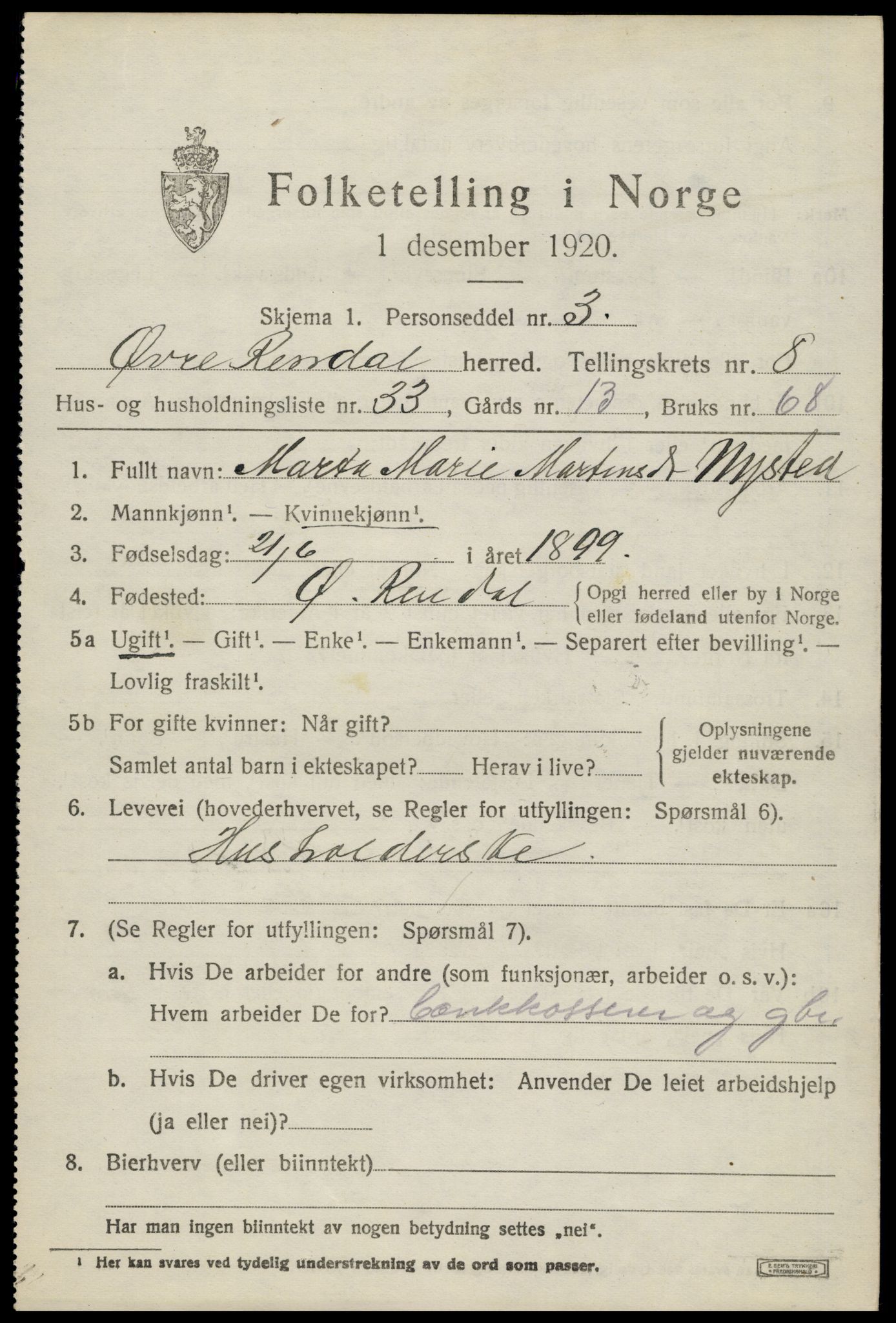 SAH, 1920 census for Øvre Rendal, 1920, p. 3241