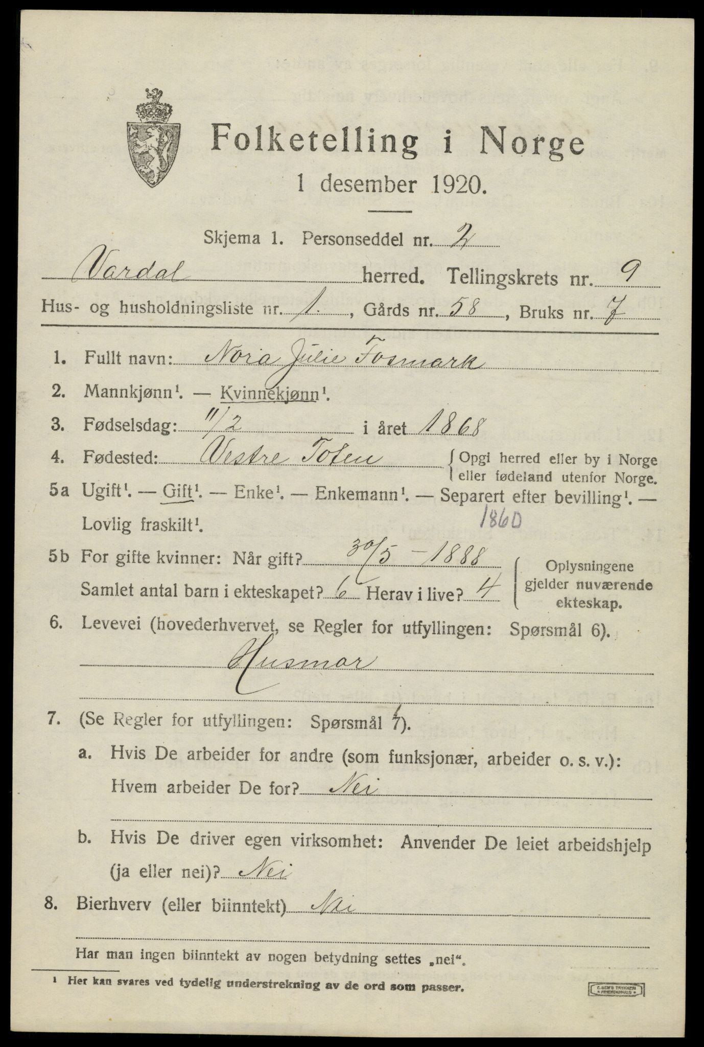 SAH, 1920 census for Vardal, 1920, p. 6469