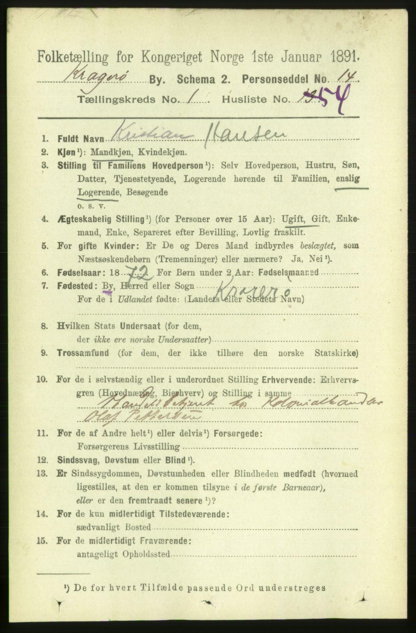 RA, 1891 census for 0801 Kragerø, 1891, p. 2116