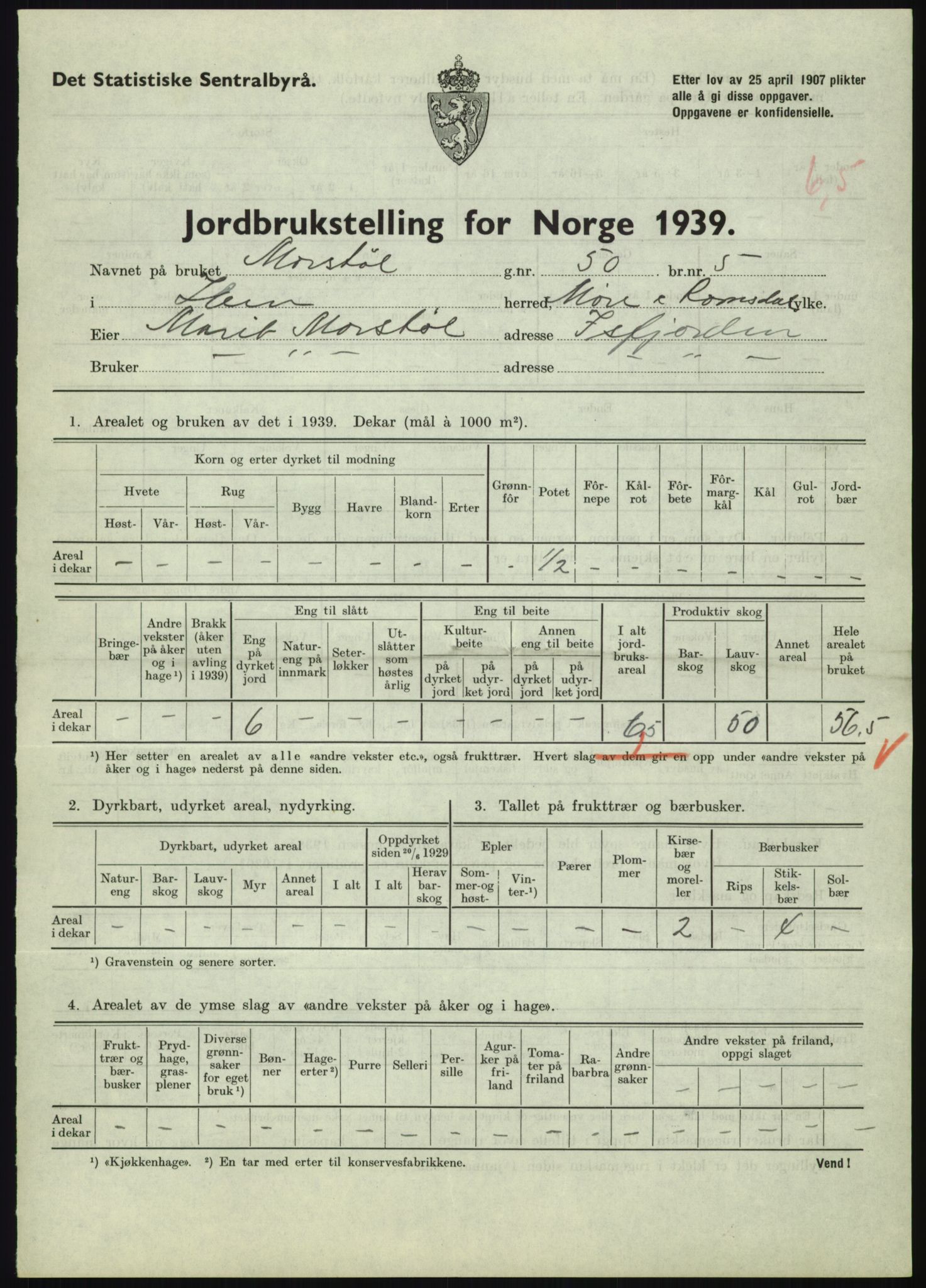 Statistisk sentralbyrå, Næringsøkonomiske emner, Jordbruk, skogbruk, jakt, fiske og fangst, AV/RA-S-2234/G/Gb/L0251: Møre og Romsdal: Voll, Eid, Grytten og Hen, 1939, p. 1097