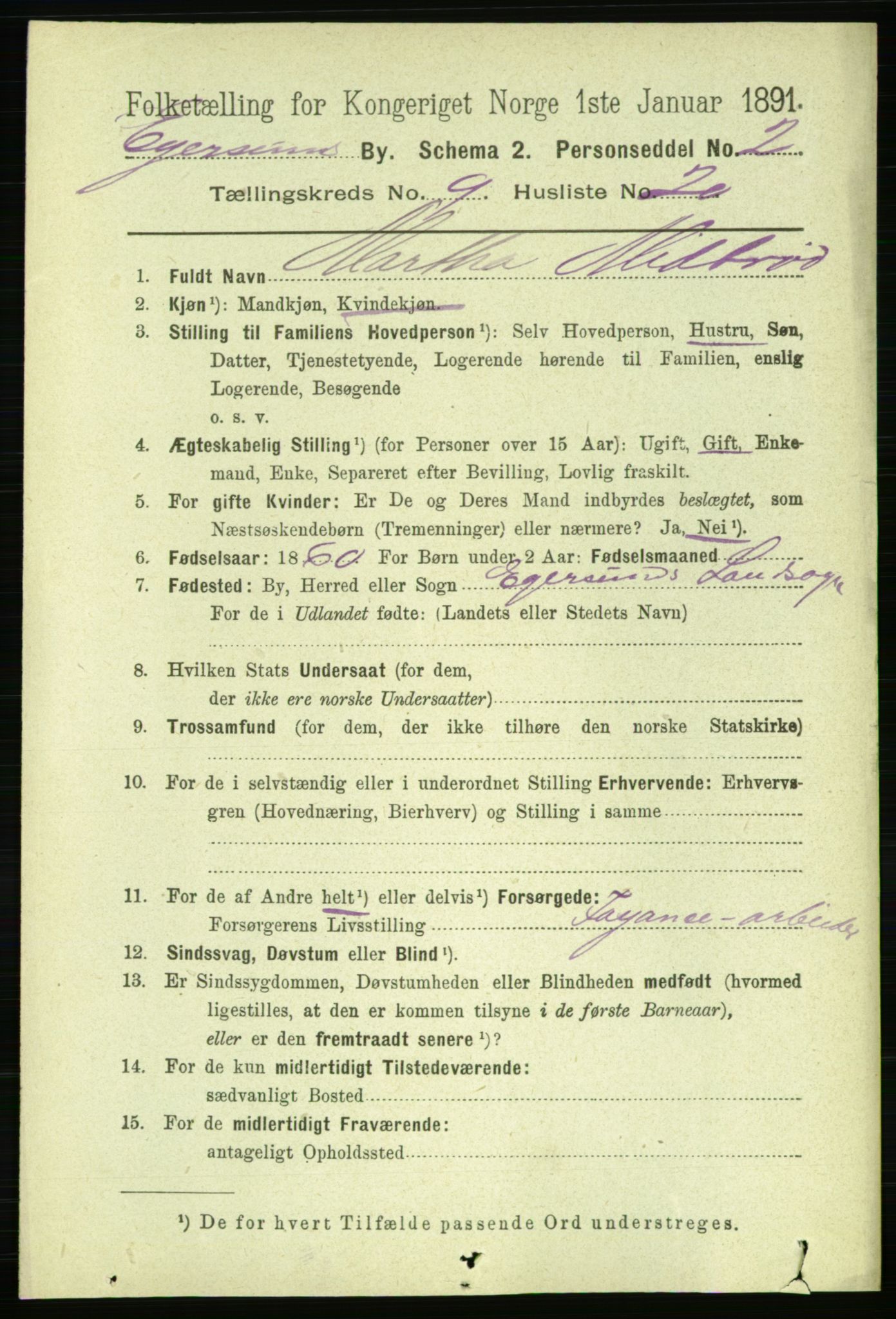 RA, 1891 census for 1101 Egersund, 1891, p. 1719